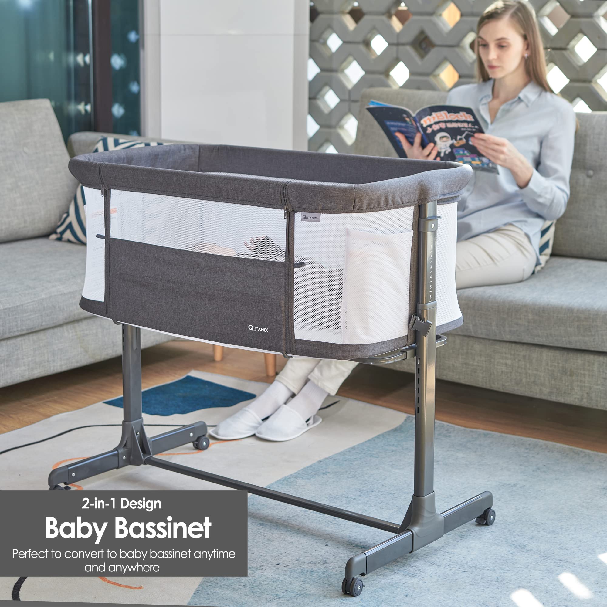 Portable Baby Bassinet Bedside Sleeper with Wheels - Lightweight Foldable Crib for Newborns & Infants, Breathable Mesh & Adjustable Height (Grey) - Perfect for Nursery, Bedroom Co-Sleeping & Travel