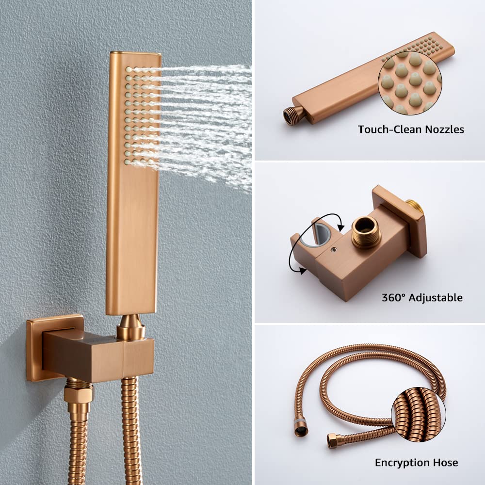 Brushed Rose Gold Rain Shower System - 12 Inch Rainfall Shower Head with Handheld Sprayer, Wall Mounted Bathroom Shower Set Including Faucet Mixer & Trim Kit (Valve Included) - Perfect for Luxurious Spa-Like Showers and Modern Bathroom Upgrades