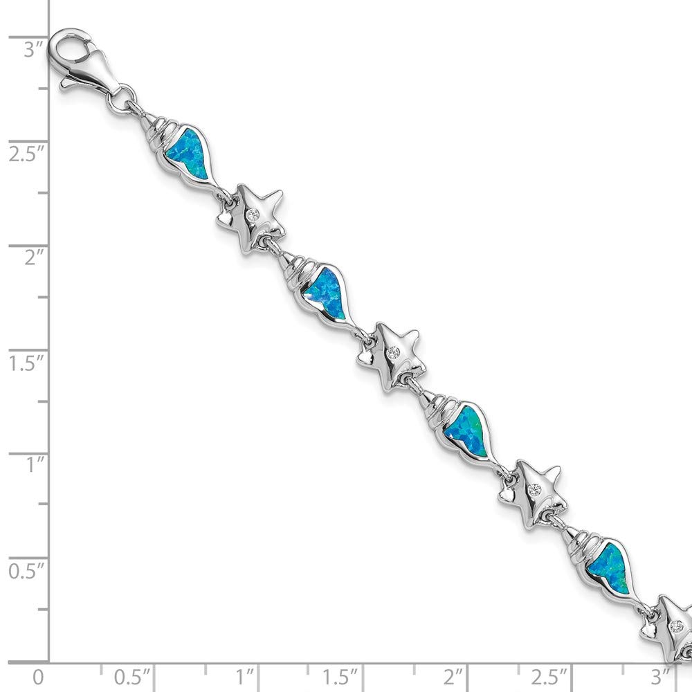 925 Sterling Silver Starfish & Seashell Bracelet with Cubic Zirconia & Blue Opal - Elegant Women's Jewelry Gift for Her (7.25
