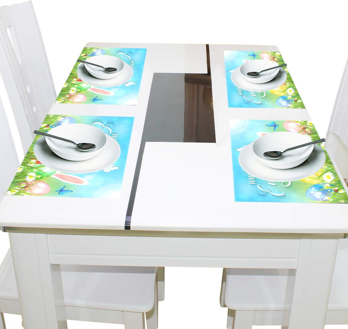 Happy Easter Placemats Set of 4 - Wipeable, Heat Resistant, Non-Slip Waterproof Polyester Table Mats with Cute Bunny & Easter Egg Designs - Perfect for Easter Brunch, Holiday Dining & Spring Decor