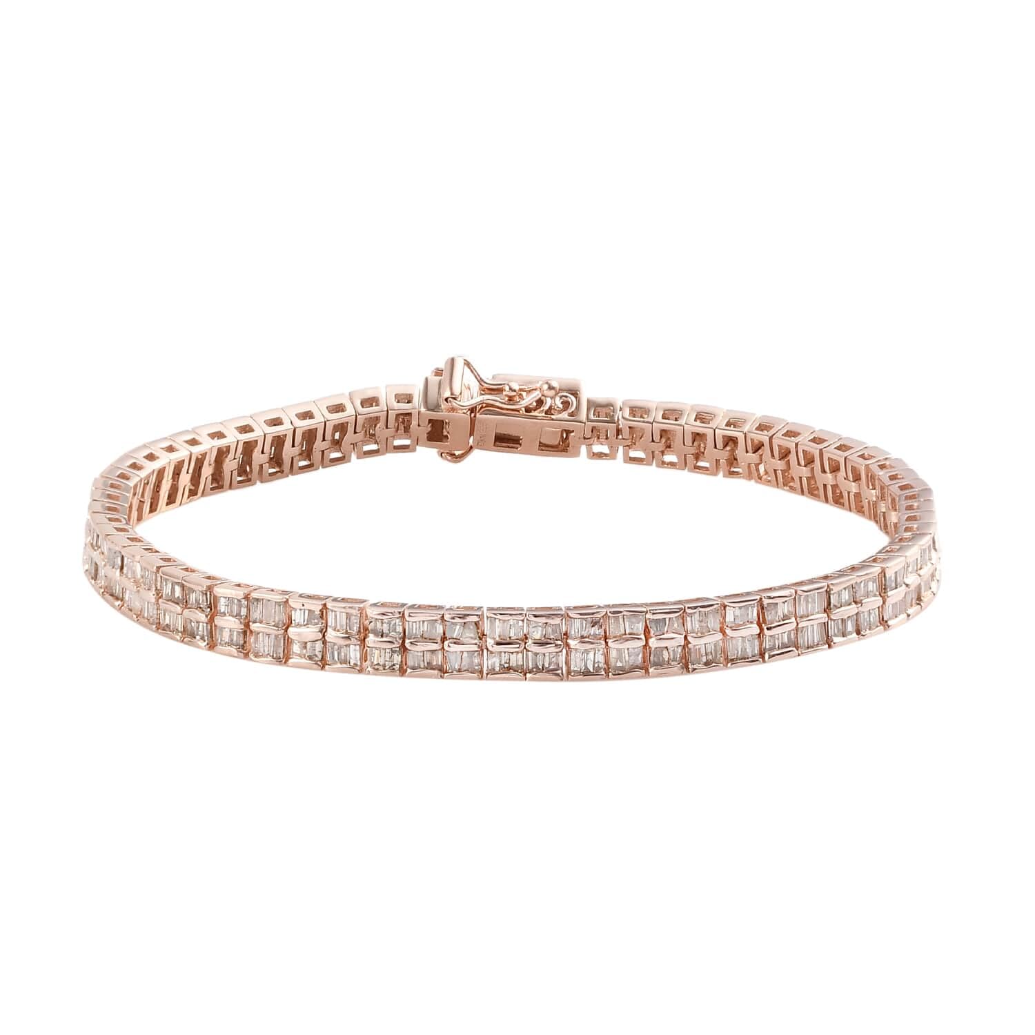 Elegant Champagne Diamond Baguette 925 Sterling Silver Vermeil Rose Gold Plated Tennis Bracelet for Women | Size 7.25