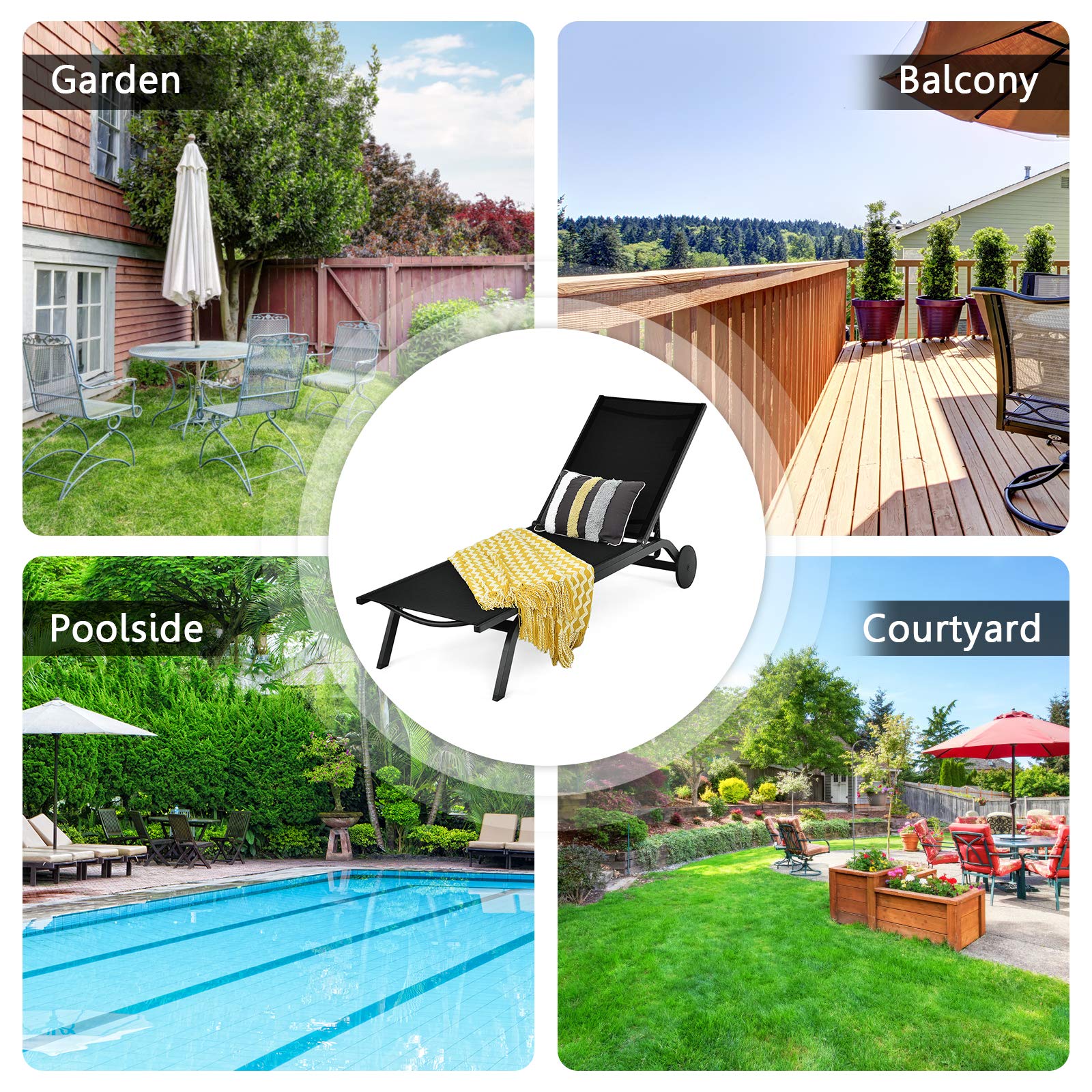 Giantex Outdoor Patio Chaise Lounge Chair - Adjustable 6-Position Recliner with Wheels, Aluminum Frame for Beach, Poolside & Sunbathing - Perfect for Backyard, Garden & Outdoor Relaxation (Black)
