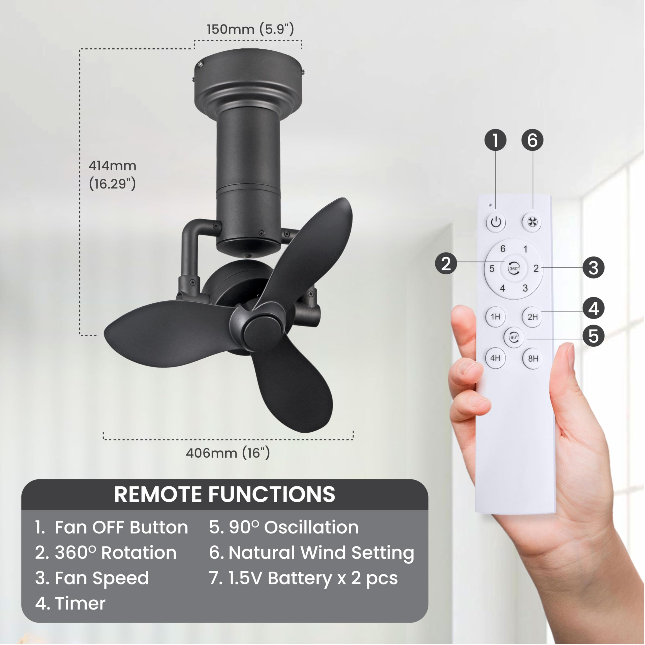 Versa Black Indoor Outdoor Ceiling Fan with Oscillating Function - Perfect for Living Rooms, Bedrooms, and Patios