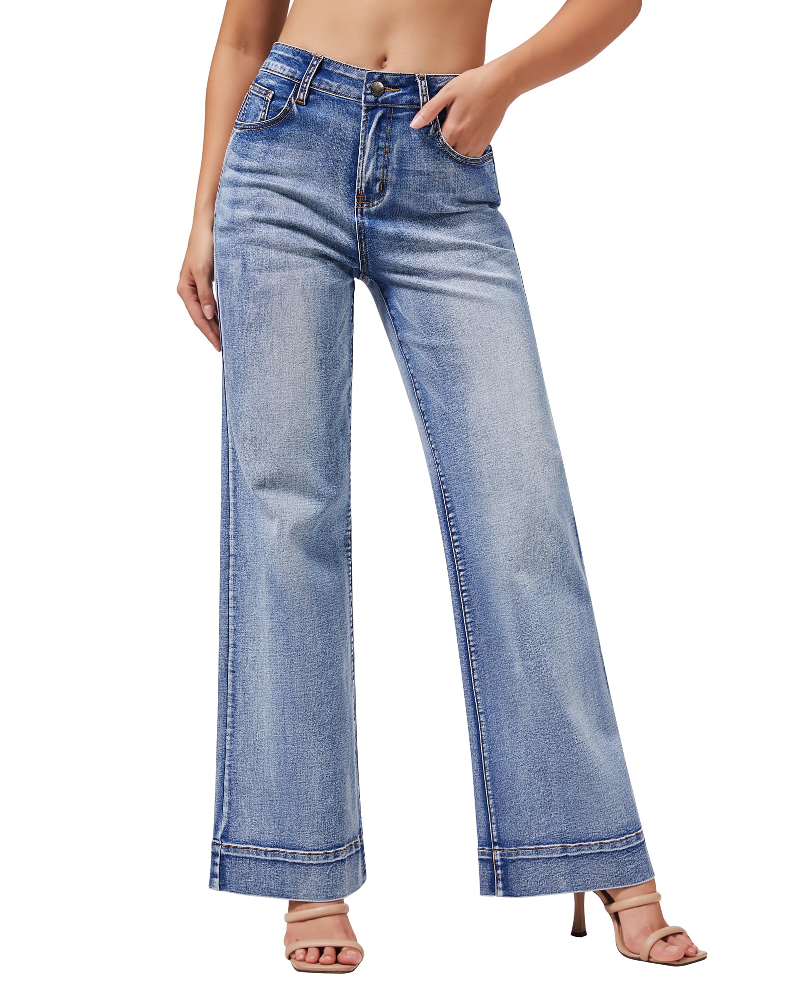 Roswear Women's Wide Leg Jeans - High Waisted Stretchy Baggy Loose Long Pants for Casual Wear, Street Style & Everyday Comfort