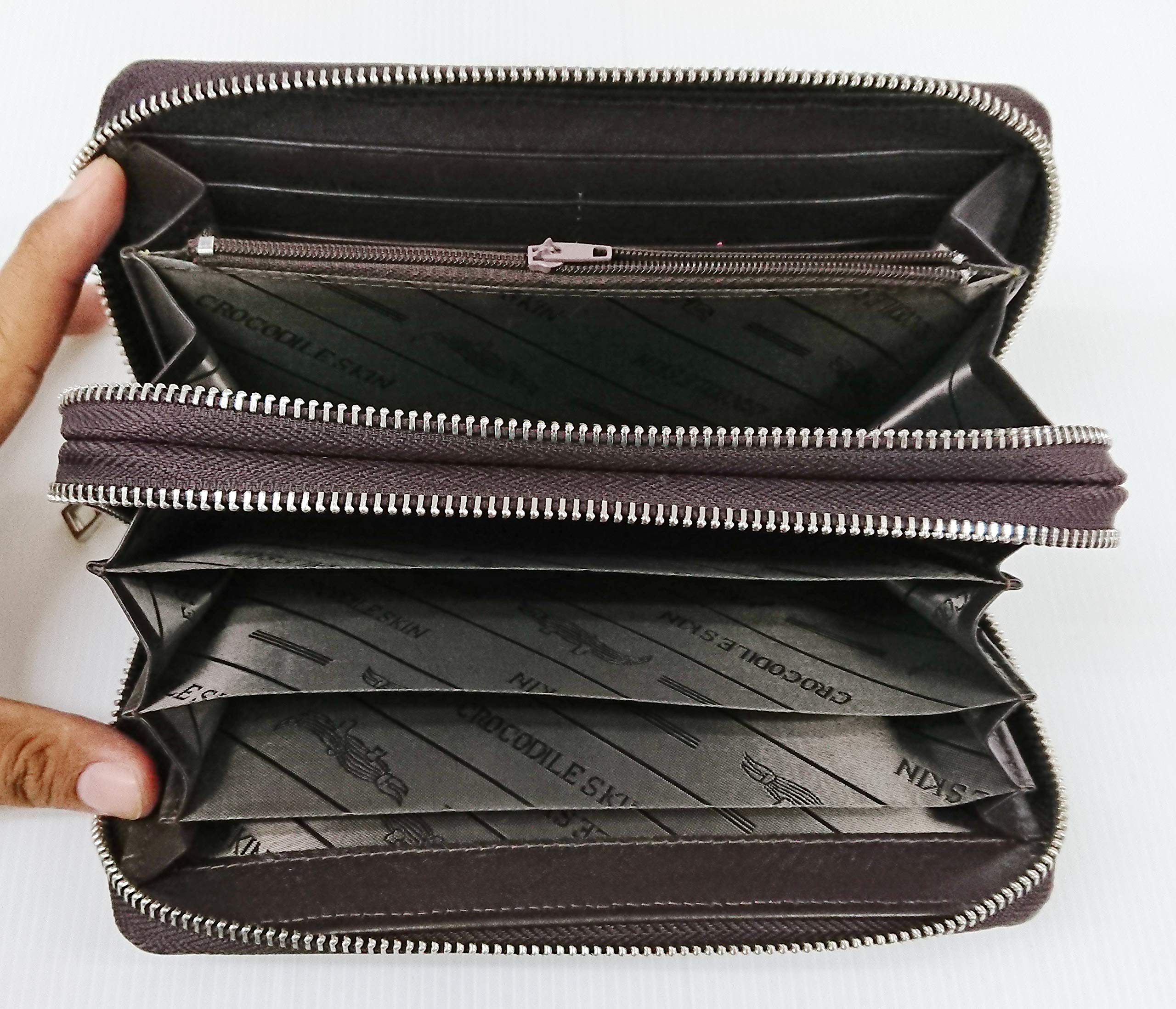 Authentic Crocodile Leather Wallet for Women & Men - Premium Alligator Belly Skin Zip Around Wristlet Clutch (Dark Brown) - Perfect for Everyday Use, Travel & Luxury Gift Giving