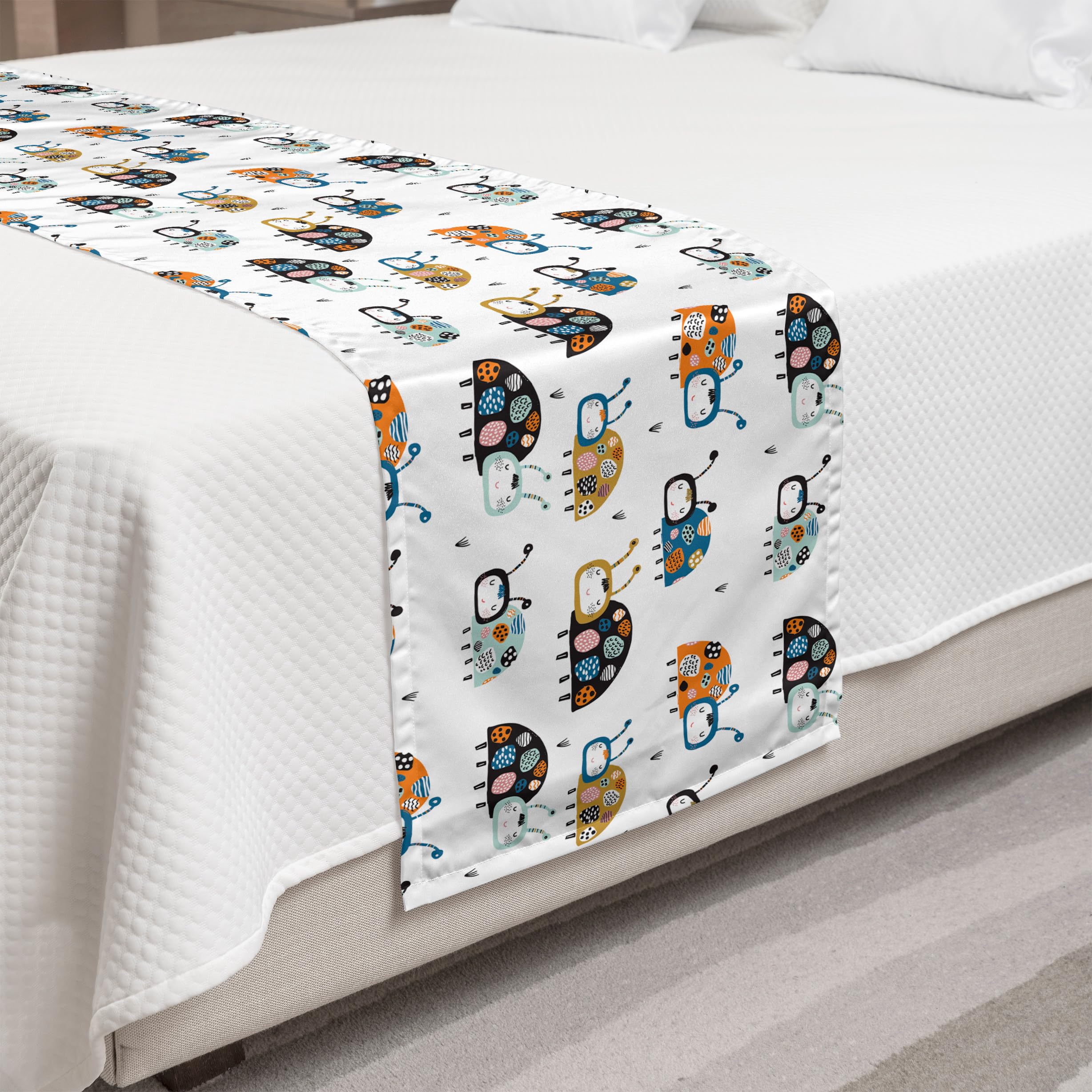 Ambesonne Ladybird Bed Runner - Decorative Dotted Insects with Smiling Faces Design on White Background, King Size Bed Scarf for Home, Hotel & Guest Room Decor - Perfect for Spring & Summer Bedroom Styling