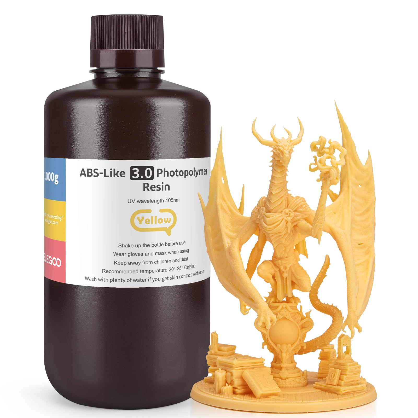 ELEGOO Upgraded ABS-Like Resin 3.0 - 405nm UV-Curing 3D Printer Resin with High Precision, Low Shrinkage, Enhanced Strength & Toughness - 1000g Yellow Photopolymer Resin for LCD Printers - Perfect for Miniatures, Jewelry & Prototyping