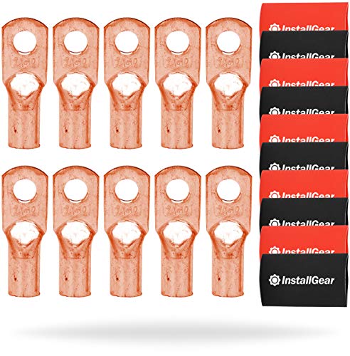 InstallGear 1/0 Gauge AWG Pure Copper Ring Terminals with Heat Shrink (10 Pack) - Heavy Duty Electrical Connectors for Car Audio, Marine, Solar & Industrial Wiring - Secure Wire Connections for 1/0 Gauge Cables
