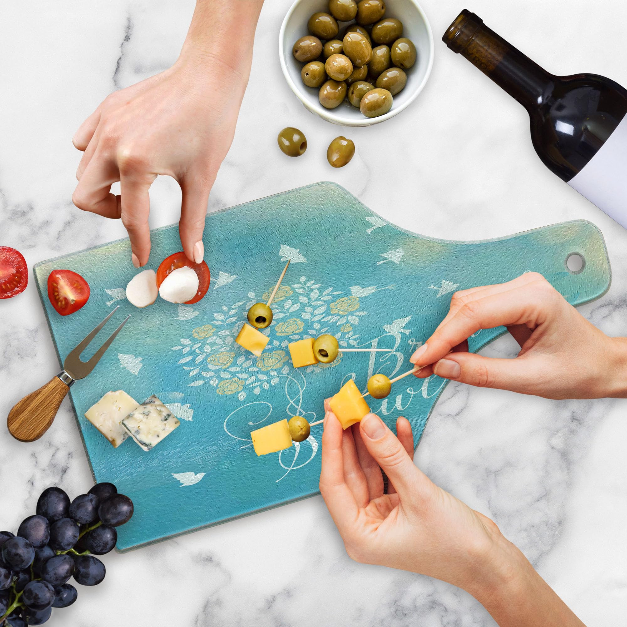 Ambesonne Wine Bottle Shaped Tempered Glass Cutting Board - Sunny Summer Sky with Birds & Flowers Design - Bridal Shower, Wedding Party Serving Board - Sky Blue, Cream & White - Perfect for Cheese Platters, Charcuterie & Wedding Gifts