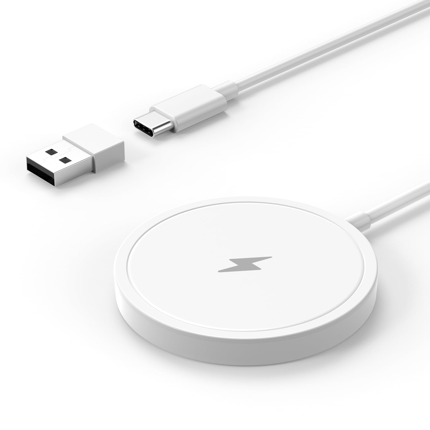 15W Max Fast Magnetic Wireless Charger Pad for iPhone 15/14/13/12 - White with USB-A Converter | Qi-Certified Charging Station for Home, Office & Car