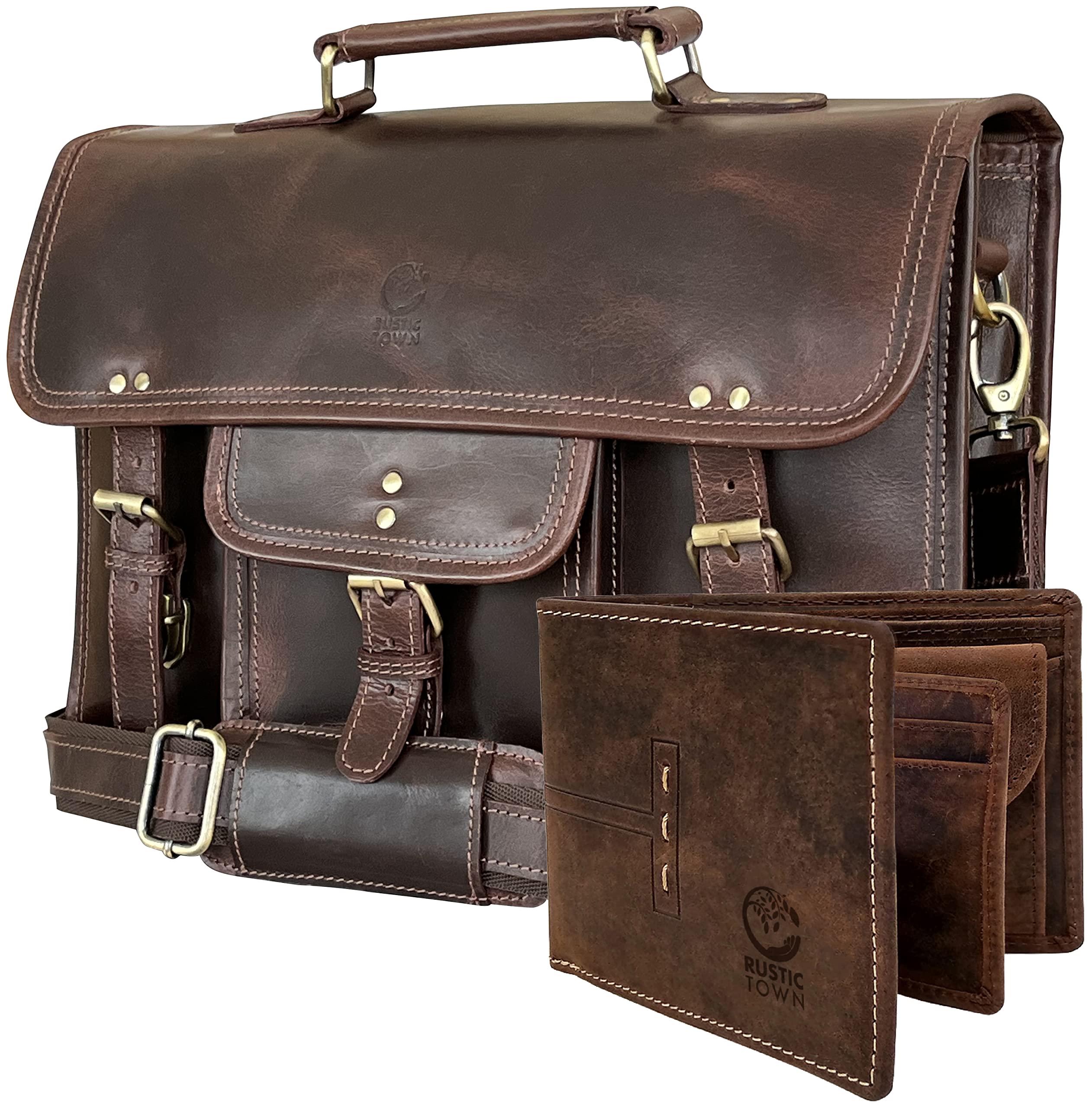 Premium Genuine Leather Laptop Messenger Bag with Built-in Wallet - Business, Office & School Essentials - Perfect for Professionals, Students & Commuters