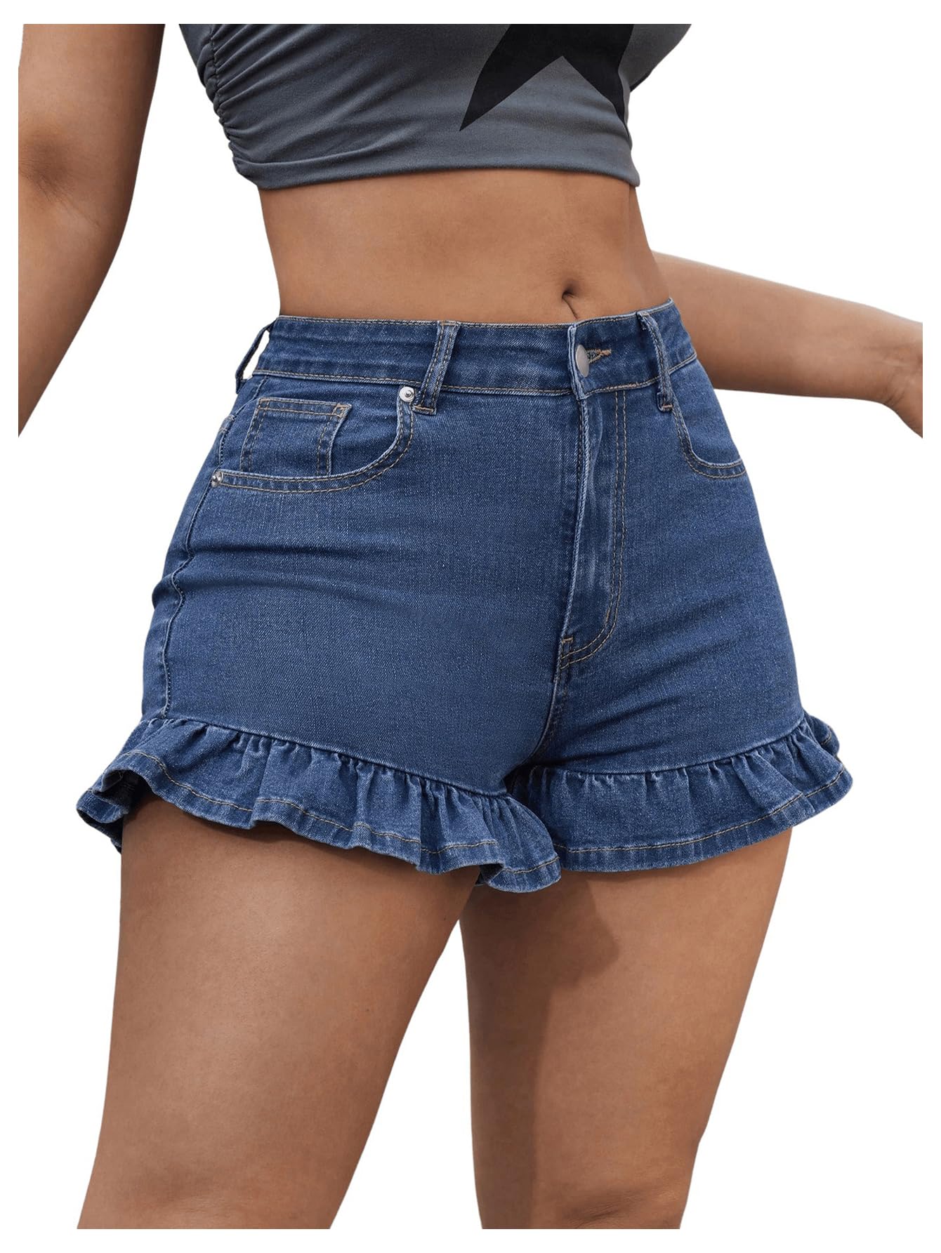 Floerns Women's High Waisted Straight Leg Denim Shorts with Flounce Hem & Pockets | Stretch Skinny Jeans Shorts for Summer | Perfect for Casual Outings, Beach Trips & Date Nights