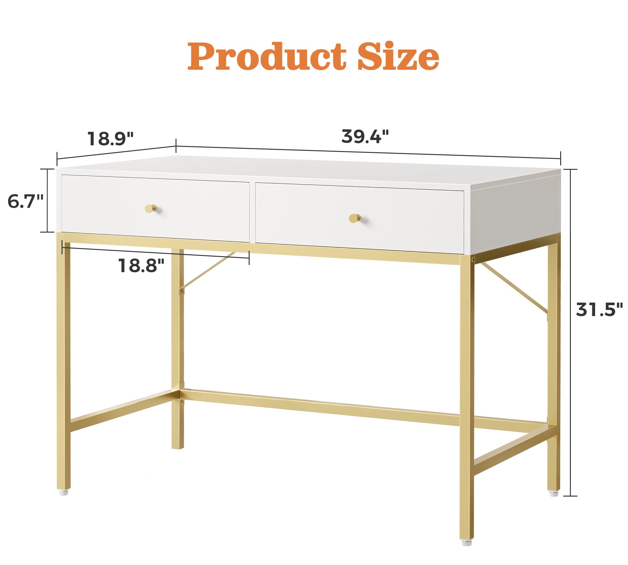 SUPERJARE 39.4 Inch White and Gold Modern Vanity Desk with 2 Drawers - Small Computer Desk for Home Office, Writing, Study | Perfect for Bedroom, Makeup Station & Workspace