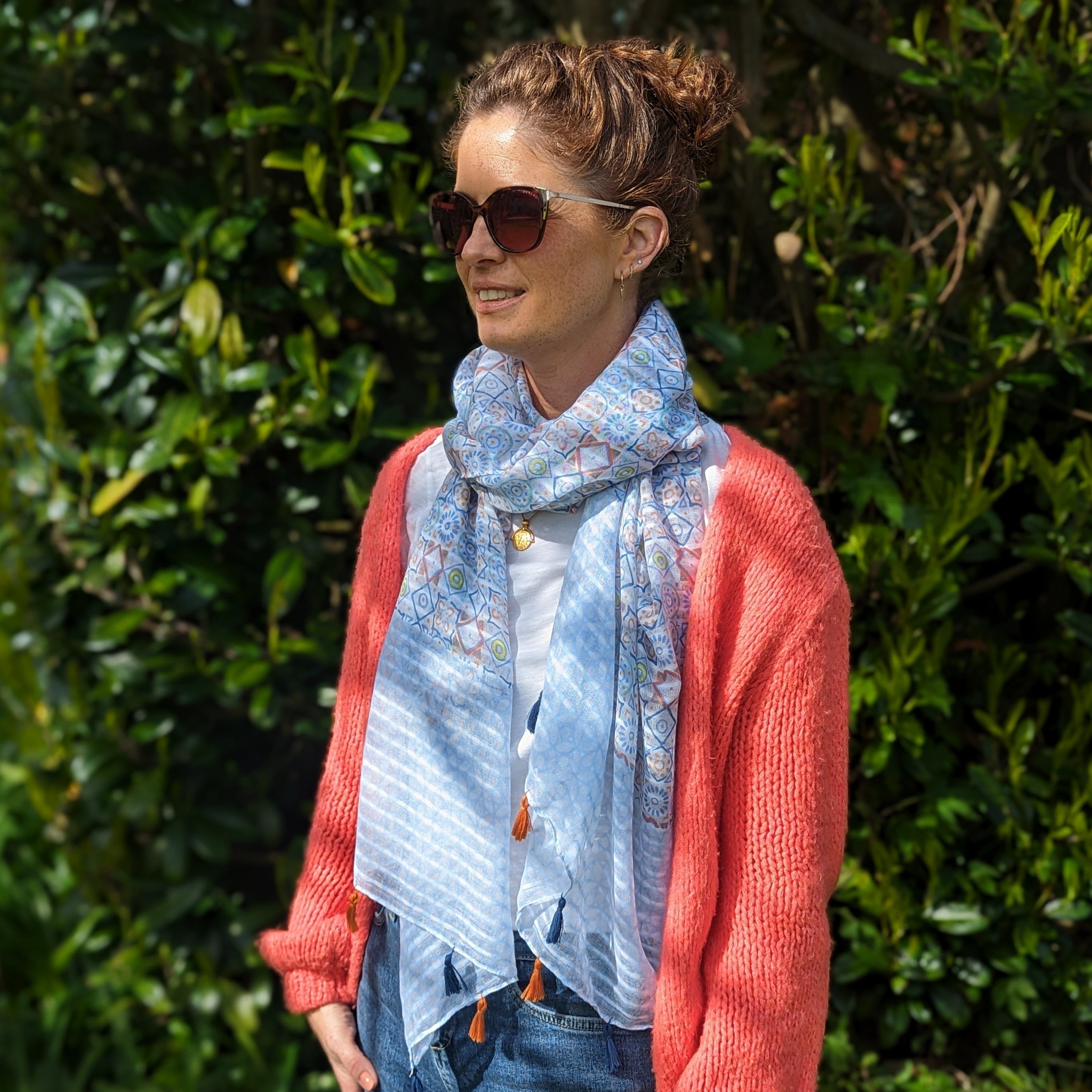 Handmade Mosaic Tiles Scarf - Blue Bohemian Style (80x180cm) for Women | Perfect for Beach, Festival, and Casual Outfits