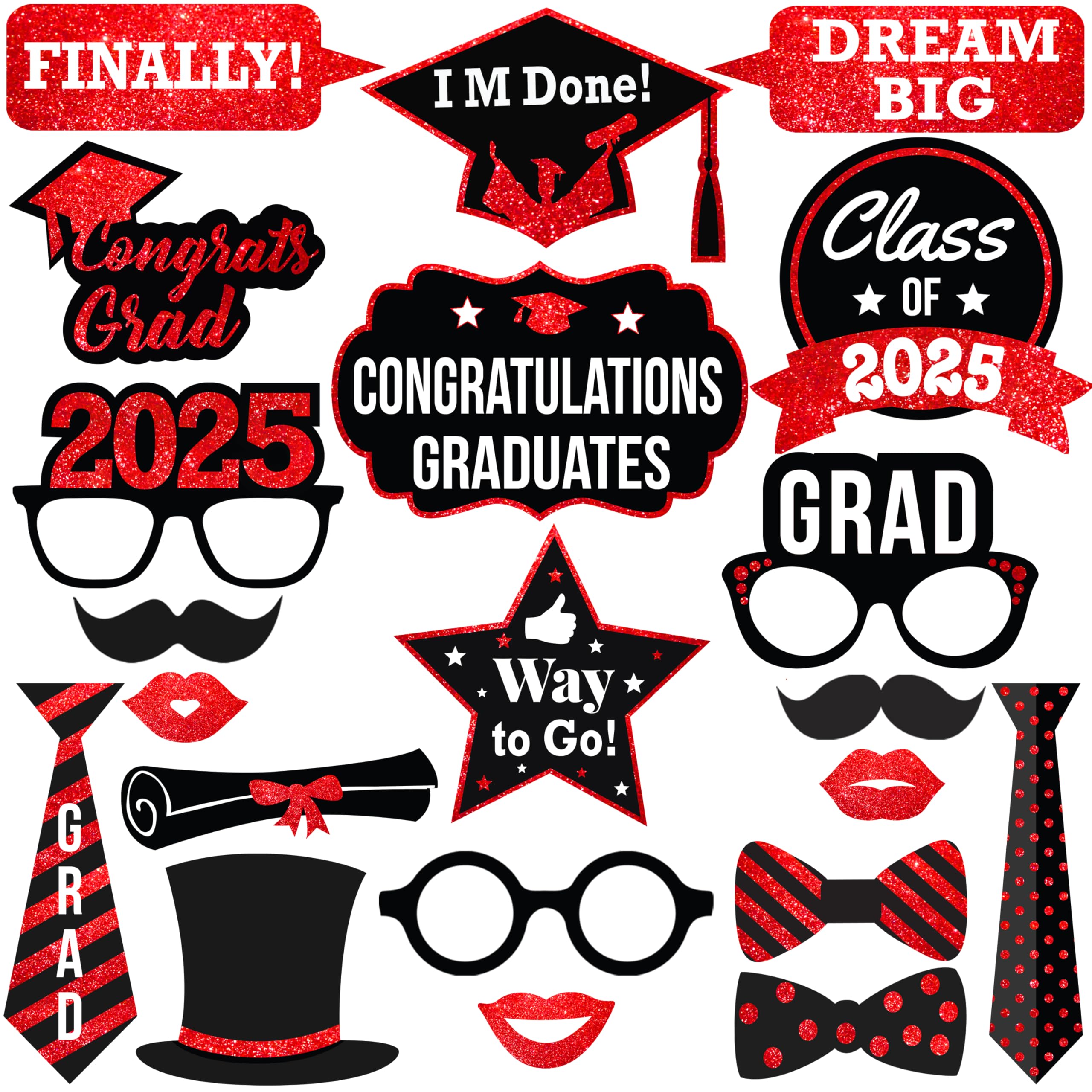 KatchOn Graduation Photo Booth Props 2025 - Pack of 36 Red & Black Graduation Decorations for Class of 2025 | DIY Graduation Party Supplies, Photo Shoot Backdrops & Social Media Props for Graduation Ceremony, Yearbook & Senior Night Celebrations