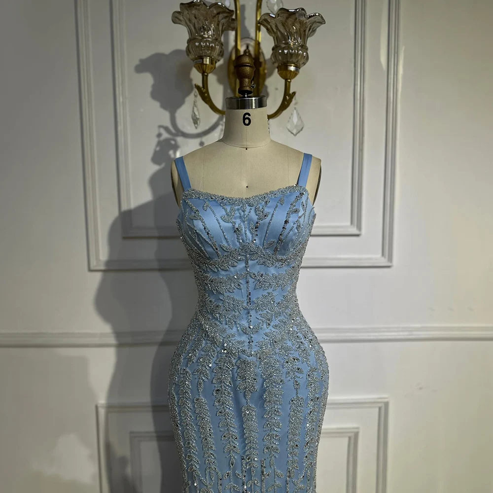 Luxury Dubai Arabic Blue Spaghetti Strap Mermaid Gown - Beaded Saudi Evening Dress for Formal Occasions, Weddings, Prom & Special Events LA72725