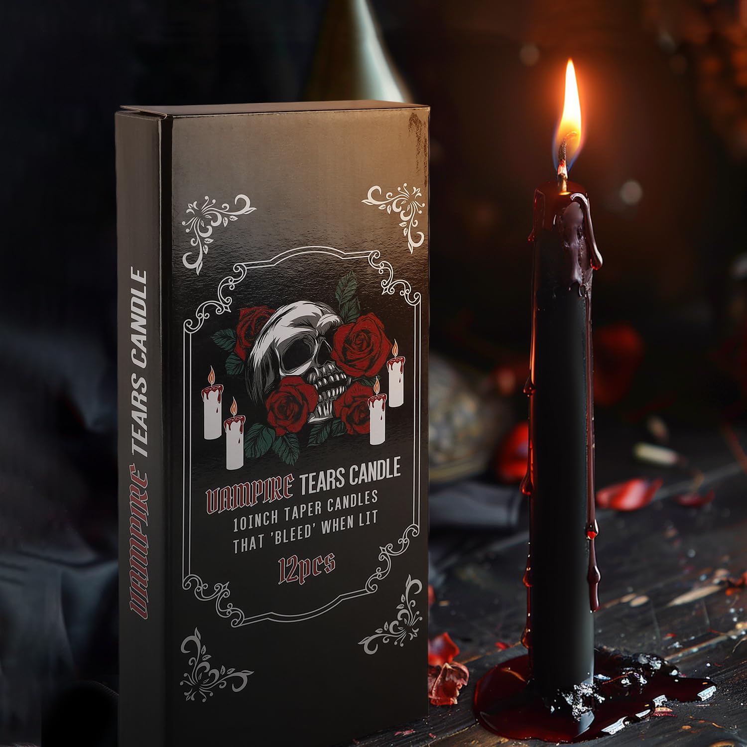 12PCS 10-Inch Black Bleeding Taper Candles - Vampire Tears Dripping Candles for Halloween Decor, Christmas Centerpieces, Gothic Weddings & Themed Party Supplies (Unscented) - Create Spooky Atmosphere for Haunted Houses & Ritual Ceremonies