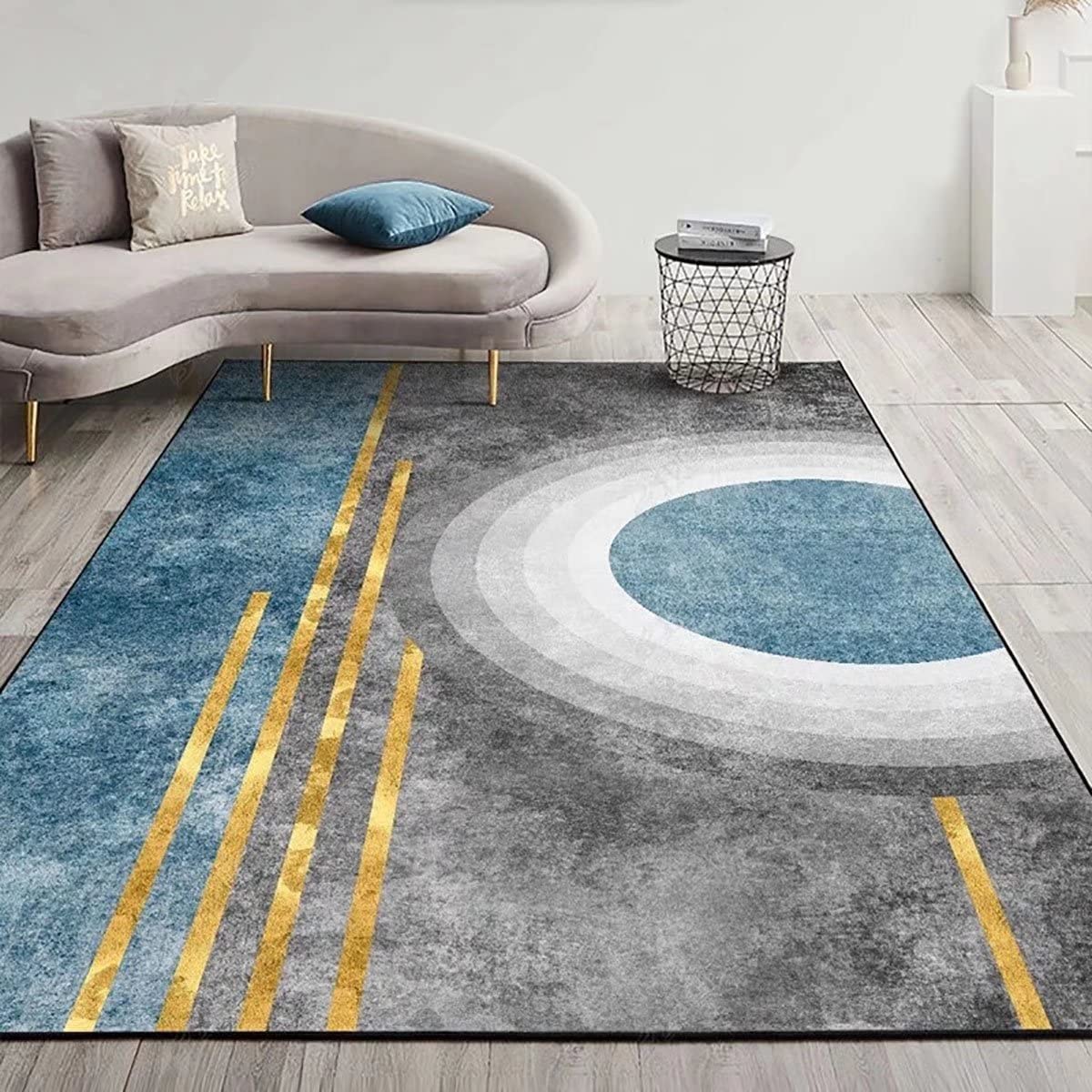 Blue Gray Geometric Area Rug 6'x9' - Modern Abstract Semicircle Pattern Carpet for Living Room, Bedroom & Office - Soft Floor Mat for Home Decor, Workspace & High Traffic Areas