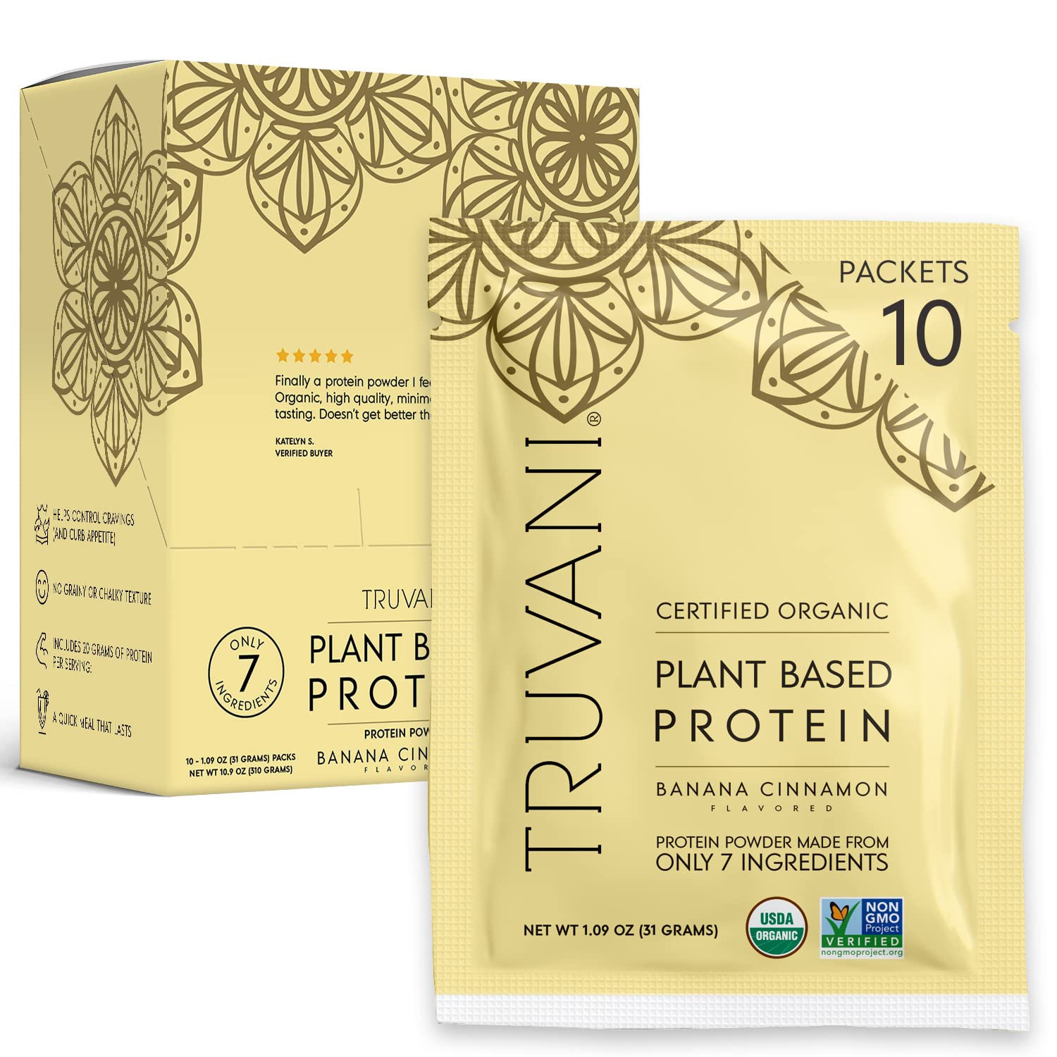Truvani Vegan Pea Protein Powder - Banana Cinnamon Flavor | 20g Organic Plant-Based Protein per Serving | 10 Travel Packets | Keto, Gluten-Free & Dairy-Free | Low Carb, No Added Sugar | Perfect for Smoothies, Post-Workout Recovery & On-the-Go Nutrition
