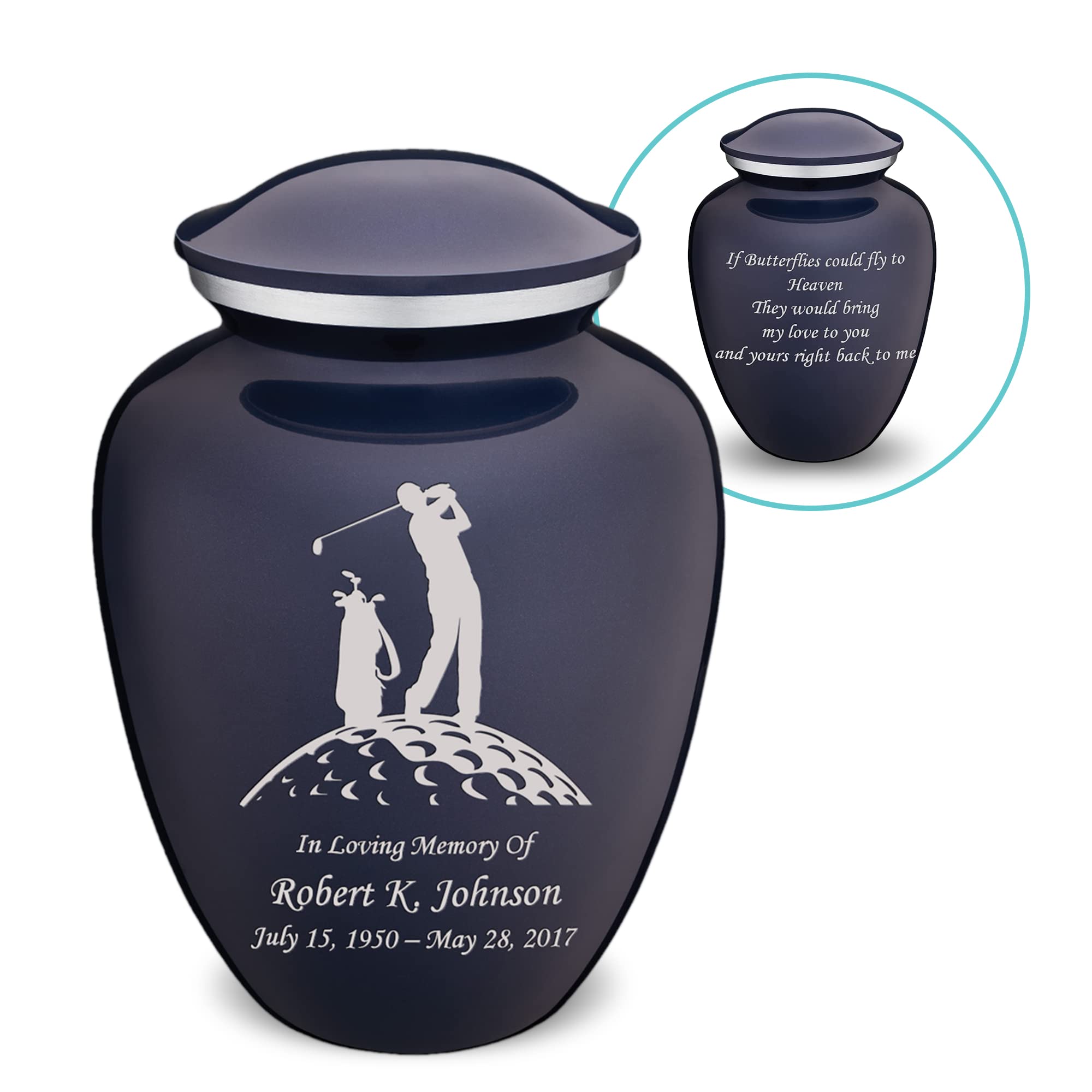 Personalized Golf Cremation Urns for Adults - Large Cobalt Blue Funeral Urn for Men & Women with Double Side Engraving - Holds 200 lbs - Perfect for Memorial Displays, Home Altars & Golf-Themed Memorial Services