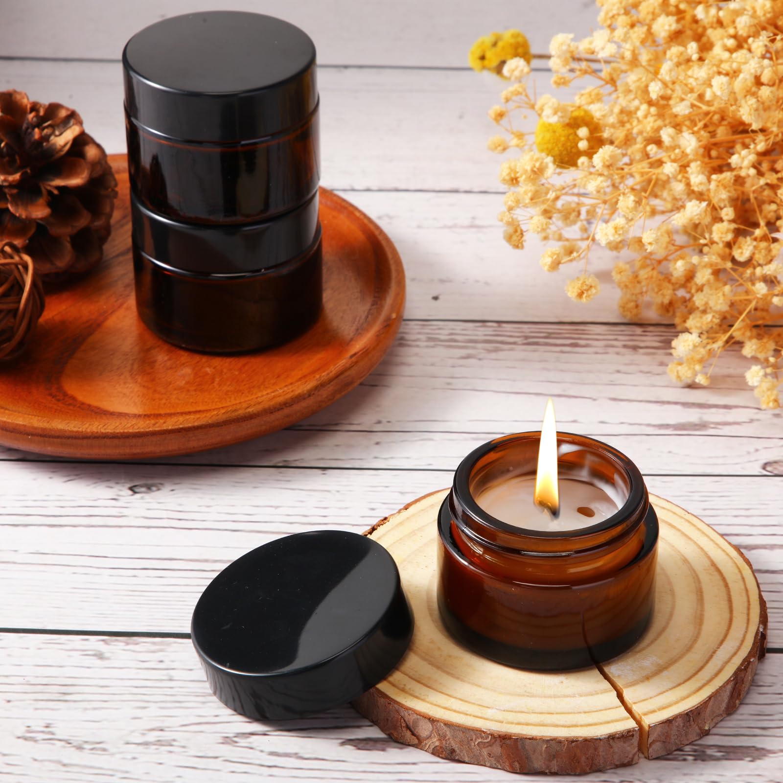 Domensi 60-Pack 1oz Amber Glass Jars with Black Lids - Small Cosmetic Containers for Salves, Lotions, Creams & Travel-Size Candles - Includes Inner Liners for Leak-Proof Storage (Perfect for DIY Beauty Products, Sample Packaging & Home Spa Organization)