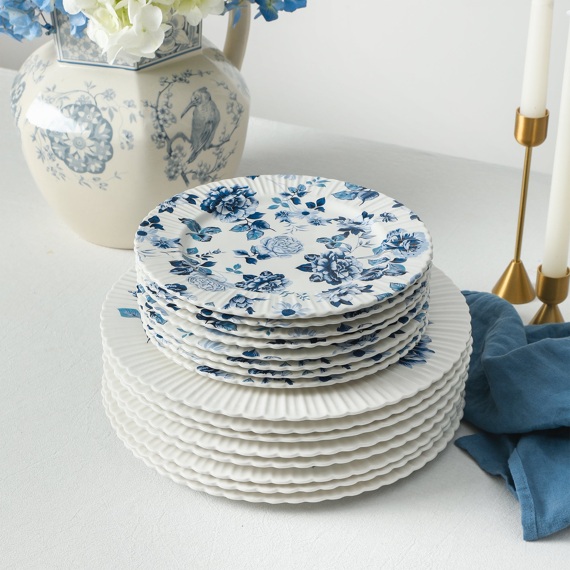 Premium Stone Lain Fiore Bone China 12-Piece Dinnerware Set - Elegant Blue Porcelain Tableware for Formal Dining & Special Occasions