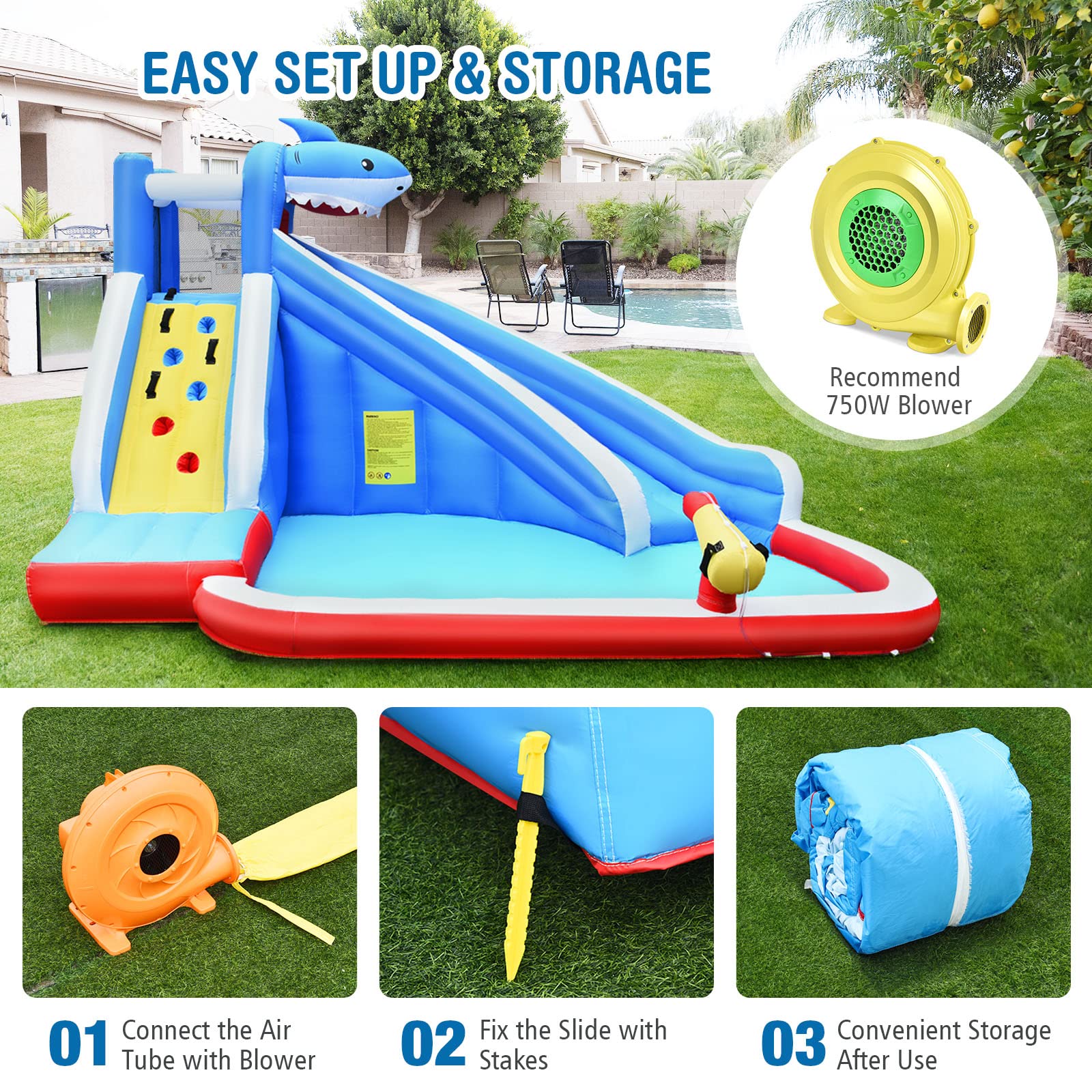 **HONEY JOY Shark Theme Inflatable Water Slide - Backyard Bounce House with Climbing Wall for Kids & Adults, Indoor Outdoor Water Park Fun (Blower Not Included) | Perfect for Summer Parties, Birthdays & Family Gatherings**