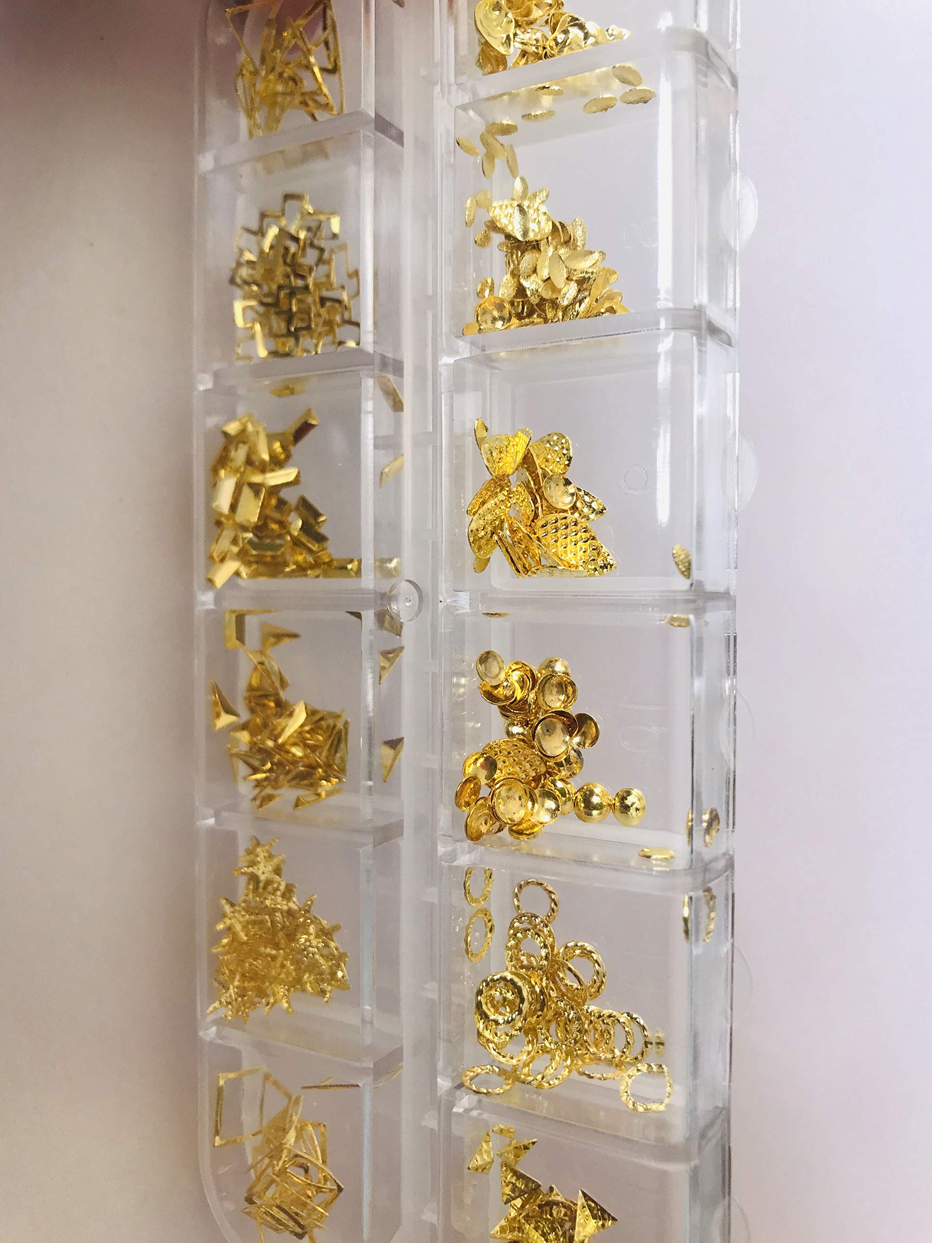 Premium Crystal Nail Art Rhinestones - Flatback Acrylic Nail Decorations for 3D Nails (12 Gold Metal Stud Patterns) - Perfect for DIY Manicures, Salon Nail Designs & Party Glam Looks
