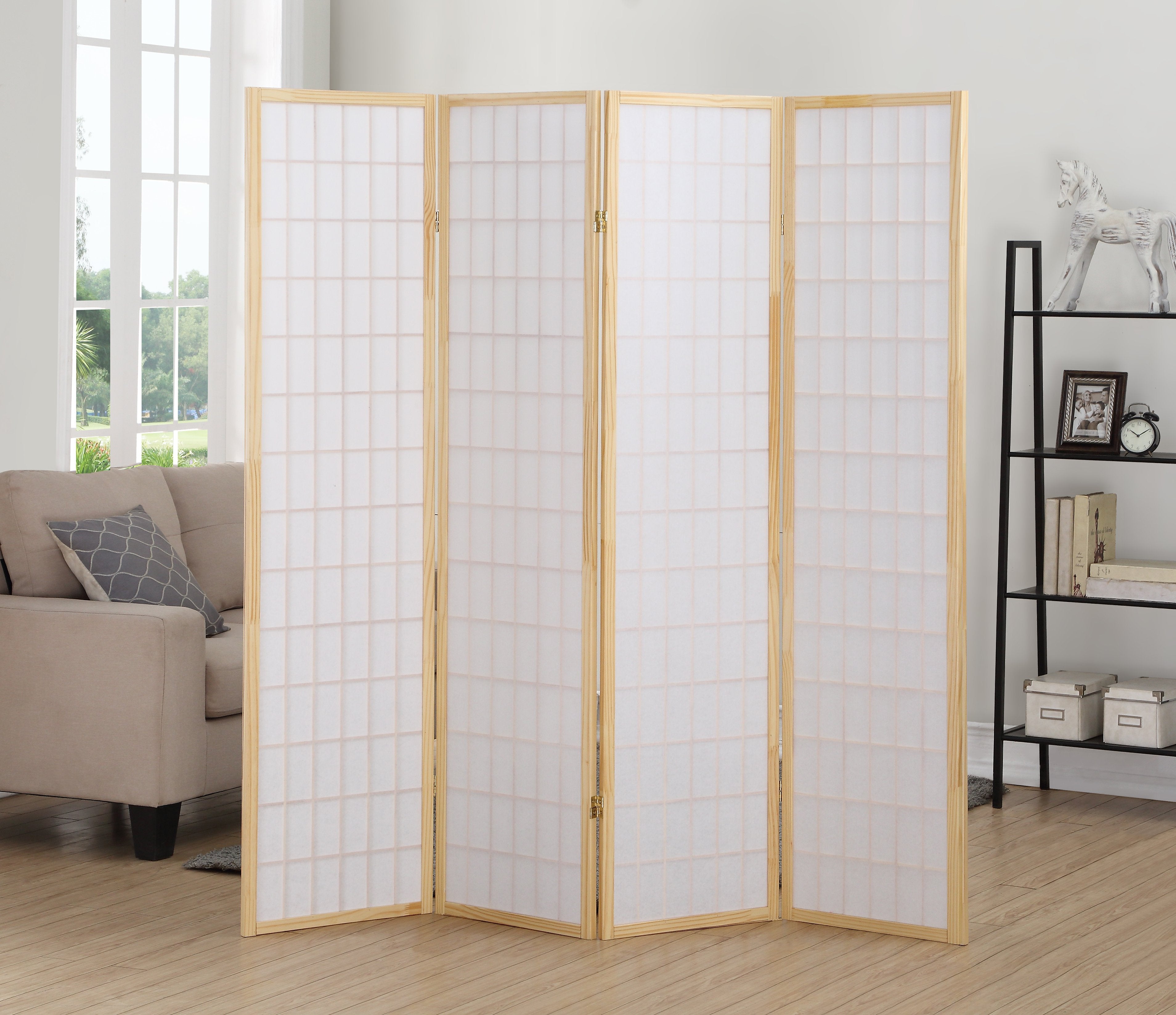 Roundhill Furniture 4-Panel Oriental Shoji Screen Room Divider - Natural Bamboo & Rice Paper Folding Partition for Home Decor, Office Space, Meditation Room, and Asian-Themed Interior Design
