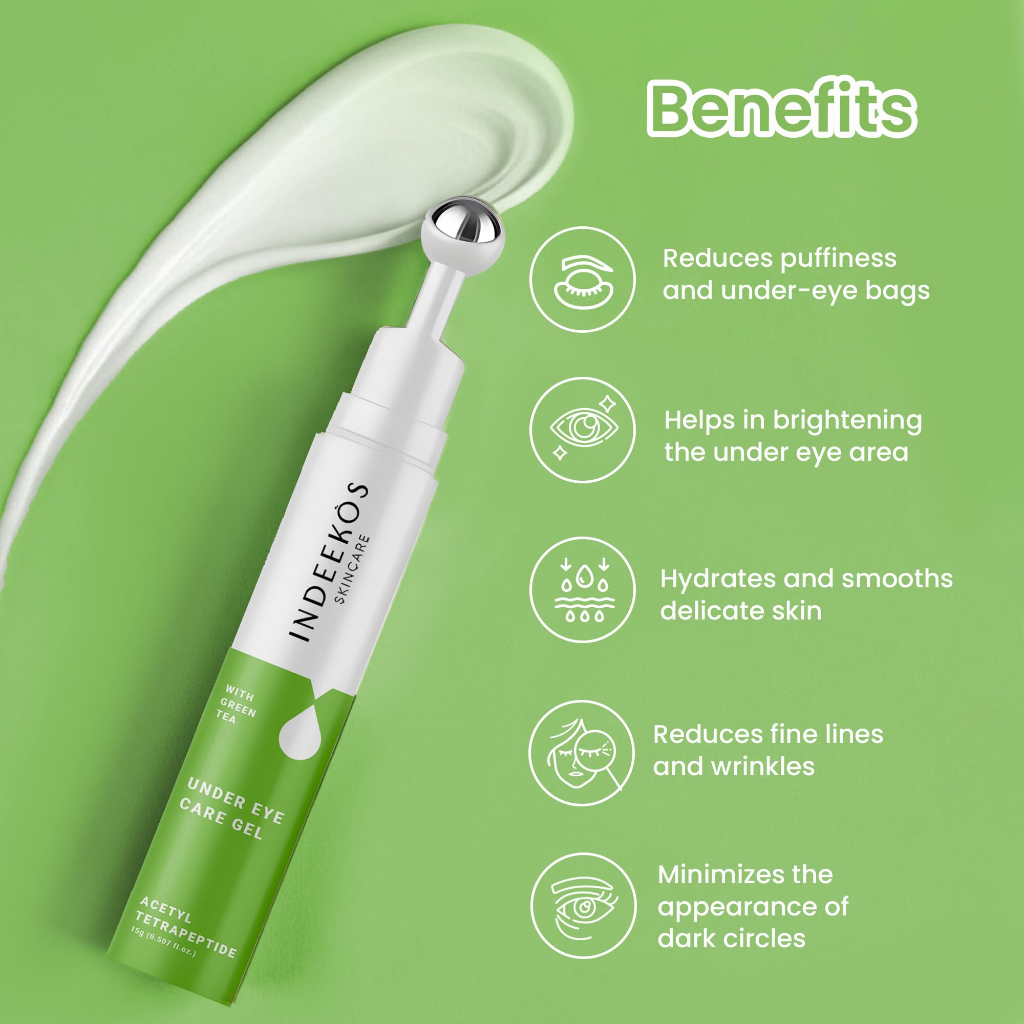 INDEEKOS Under Eye Gel Cream with Caffeine & Green Tea - Reduces Dark Circles, Puffiness, Wrinkles & Fine Lines - Hydrating Glow Booster for Men & Women - Vegan 15g - Perfect for Night Routine & Travel Skincare