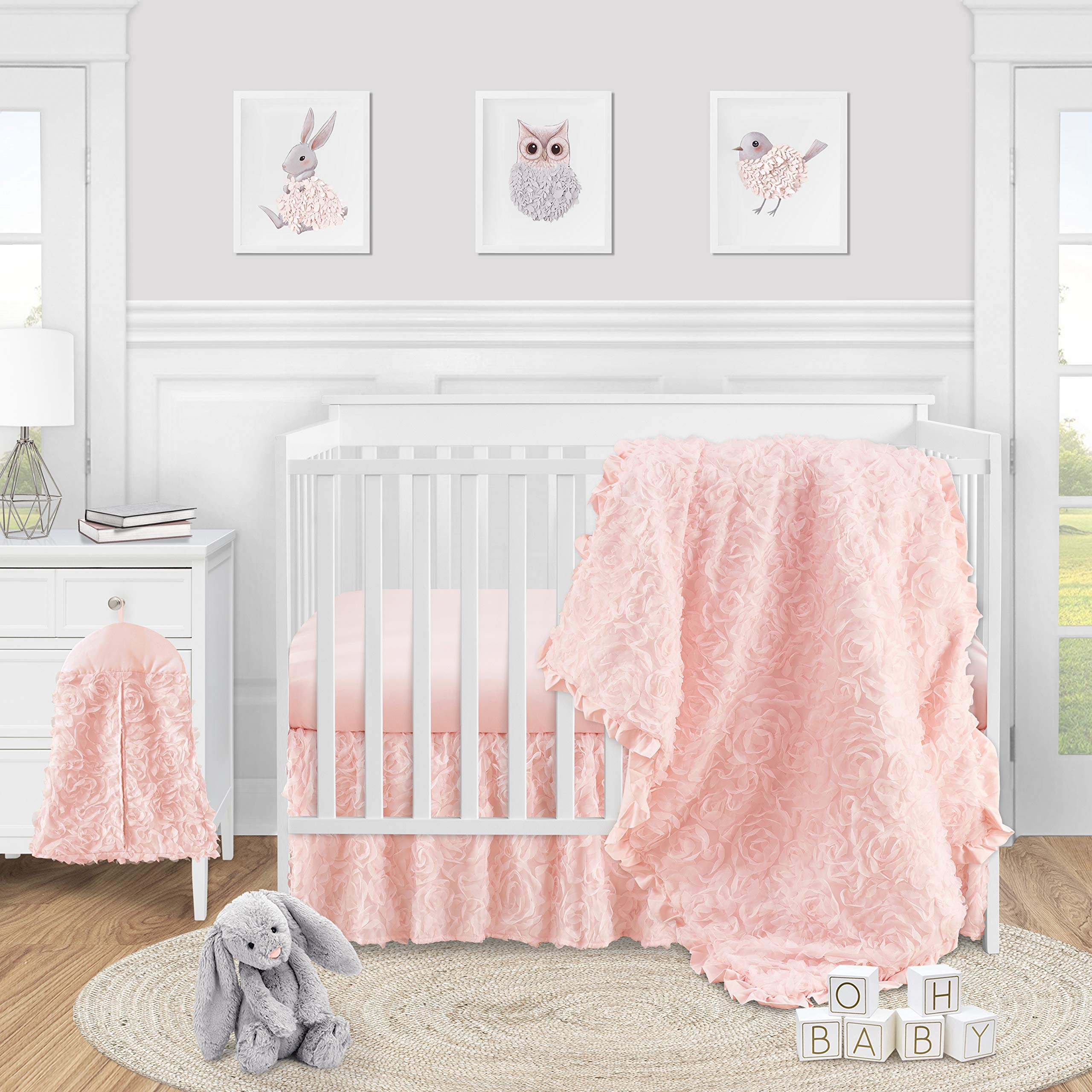 Sweet Jojo Designs 4-Piece Baby Crib Bedding Set - Blush Pink Floral Rose Nursery Collection for Girls (Includes Blanket, Fitted Sheet, Skirt & Diaper Stacker) | Elegant Princess Luxury Crib Set for Infant Bedroom Decor | Perfect for Baby Showers, Newborn Gifts & Nursery Room Styling