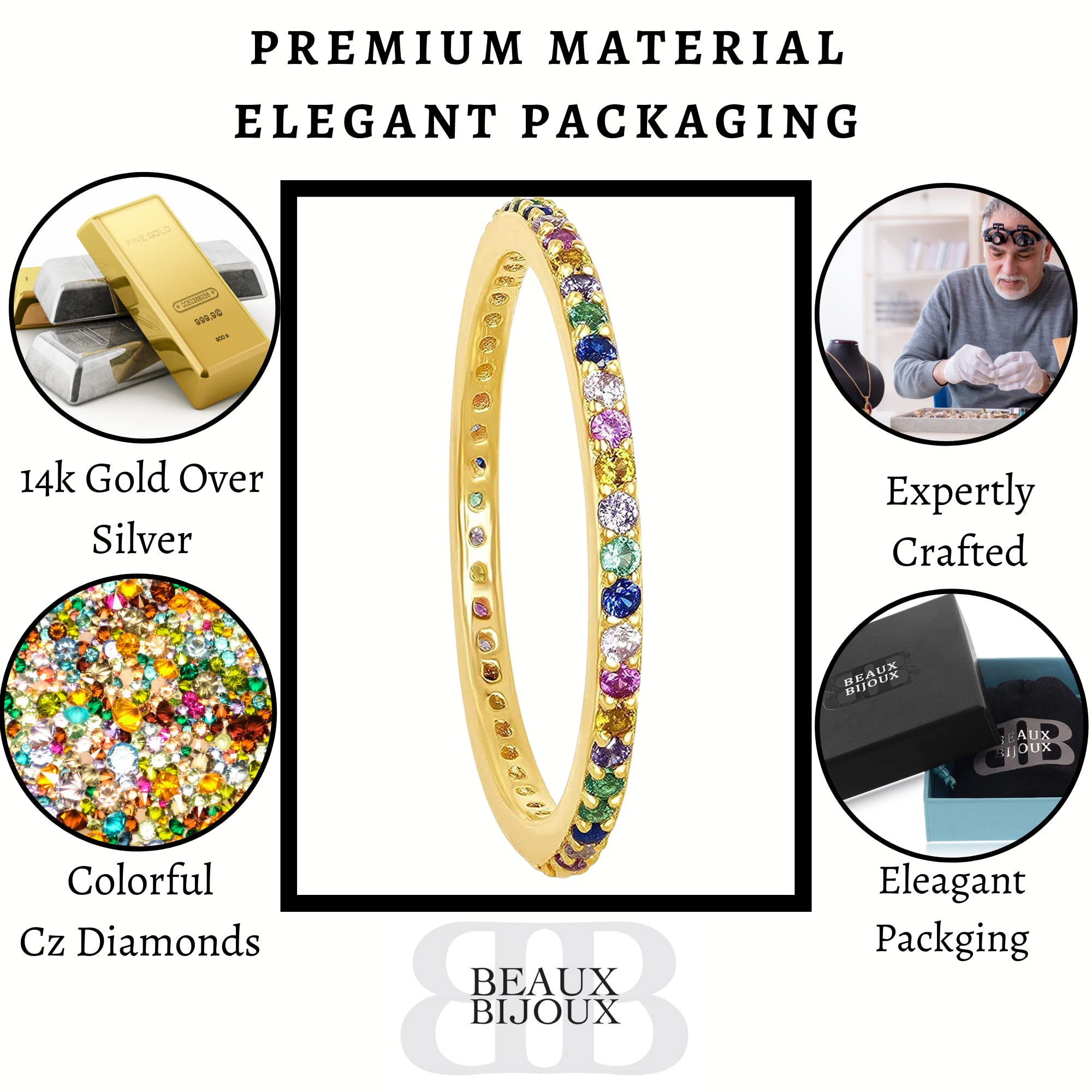 Rainbow Simulated Diamond Eternity Ring for Women - Sterling Silver 14k Gold Plated Cubic Zirconia Band - Thin Stackable Wedding Engagement Promise Ring - Perfect for Anniversary Gifts, Valentine's Day & Special Occasions