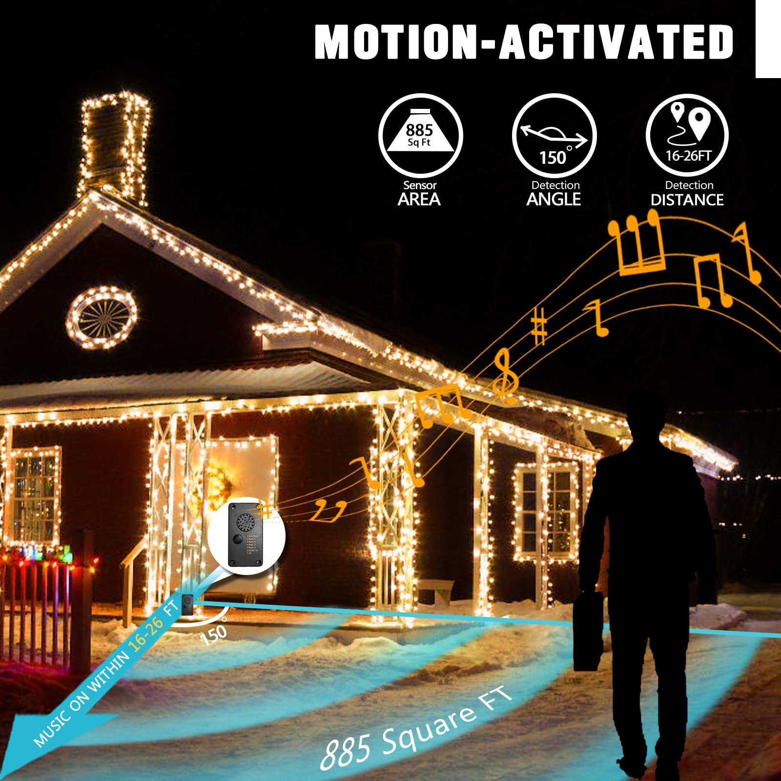 EAMBRITE 82 Ft 200 LED Christmas Lights with Music & Motion Sensor - Warm White Outdoor String Lights for Christmas Tree, Party, Patio, Garden Decor - Perfect for Holiday, Wedding, and Home Decoration