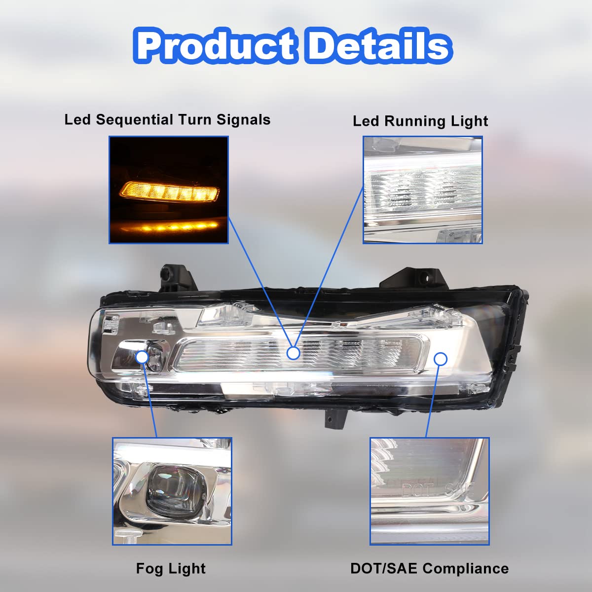 ROXX LED Fog Lights Assembly for 2018-2022 Ford Mustang - Full LED Replacement with DRL & Amber Sequential Turn Signals (Pair) - Upgrade Headlight Visibility for Night Driving & Foggy Conditions