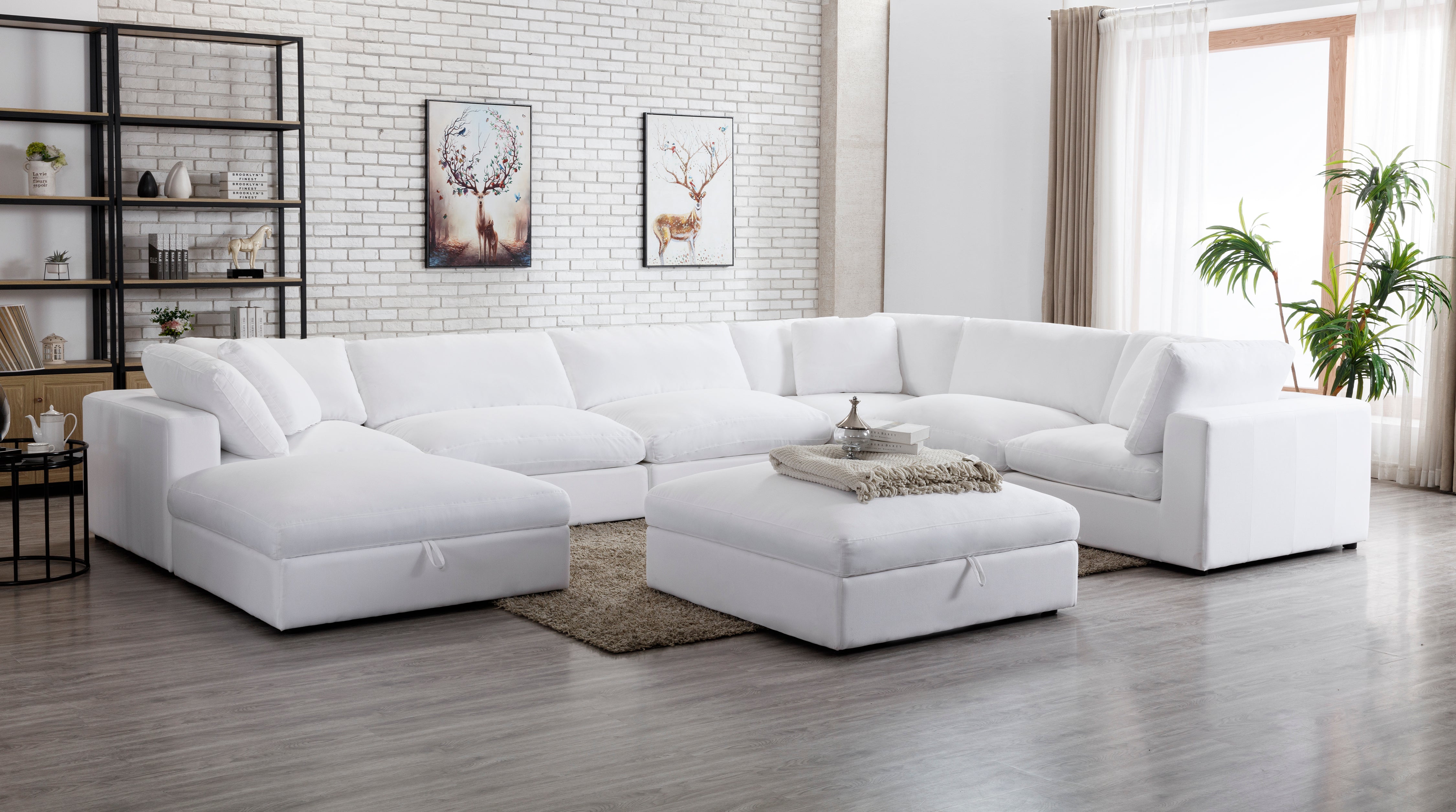 Rivas Contemporary Feather Fill 8-Piece Modular Sectional Sofa with 2 Ottomans in White | Modern L-Shaped Living Room Furniture for Home Theater & Family Gatherings