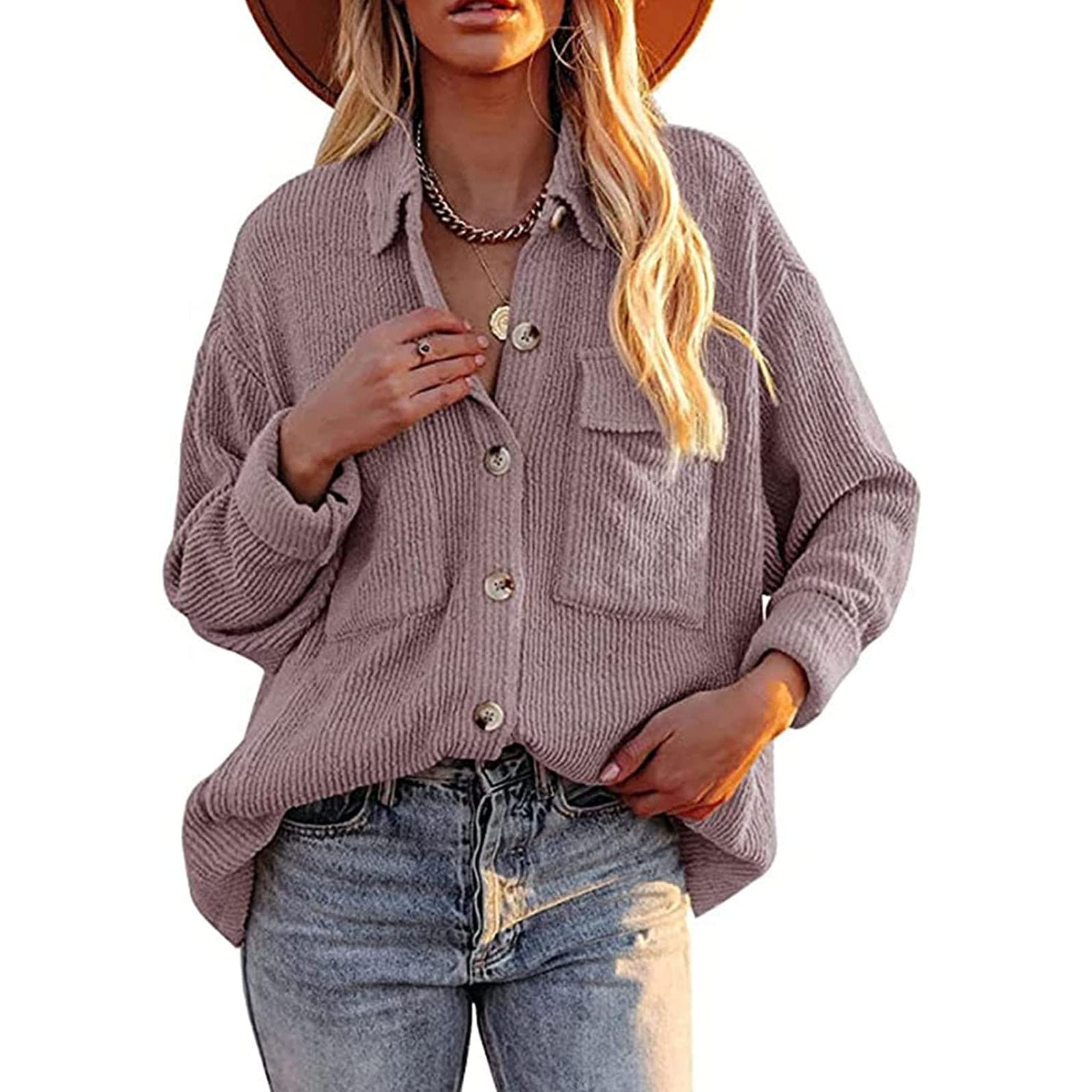 FMCHICO Women's Corduroy Long Sleeve Button Down Shirt - Oversized Jacket Top for Casual Wear & Fall Layering | Vintage Style Corduroy Shirt for Women