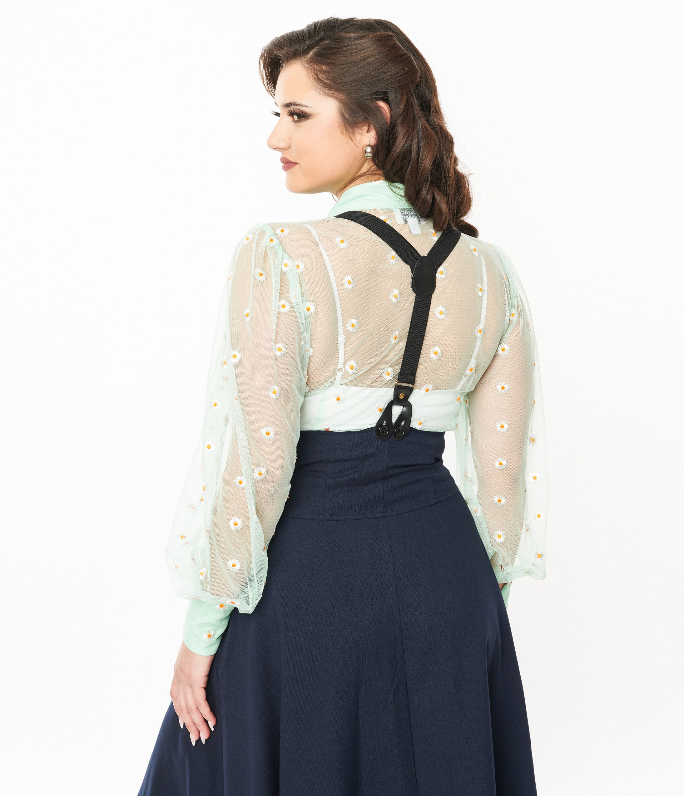 Vintage Green and White Daisy Print Sheer Gwen Blouse - Flowy Boho Top for Women, Perfect for Spring & Summer Outfits, Date Night, and Casual Wear