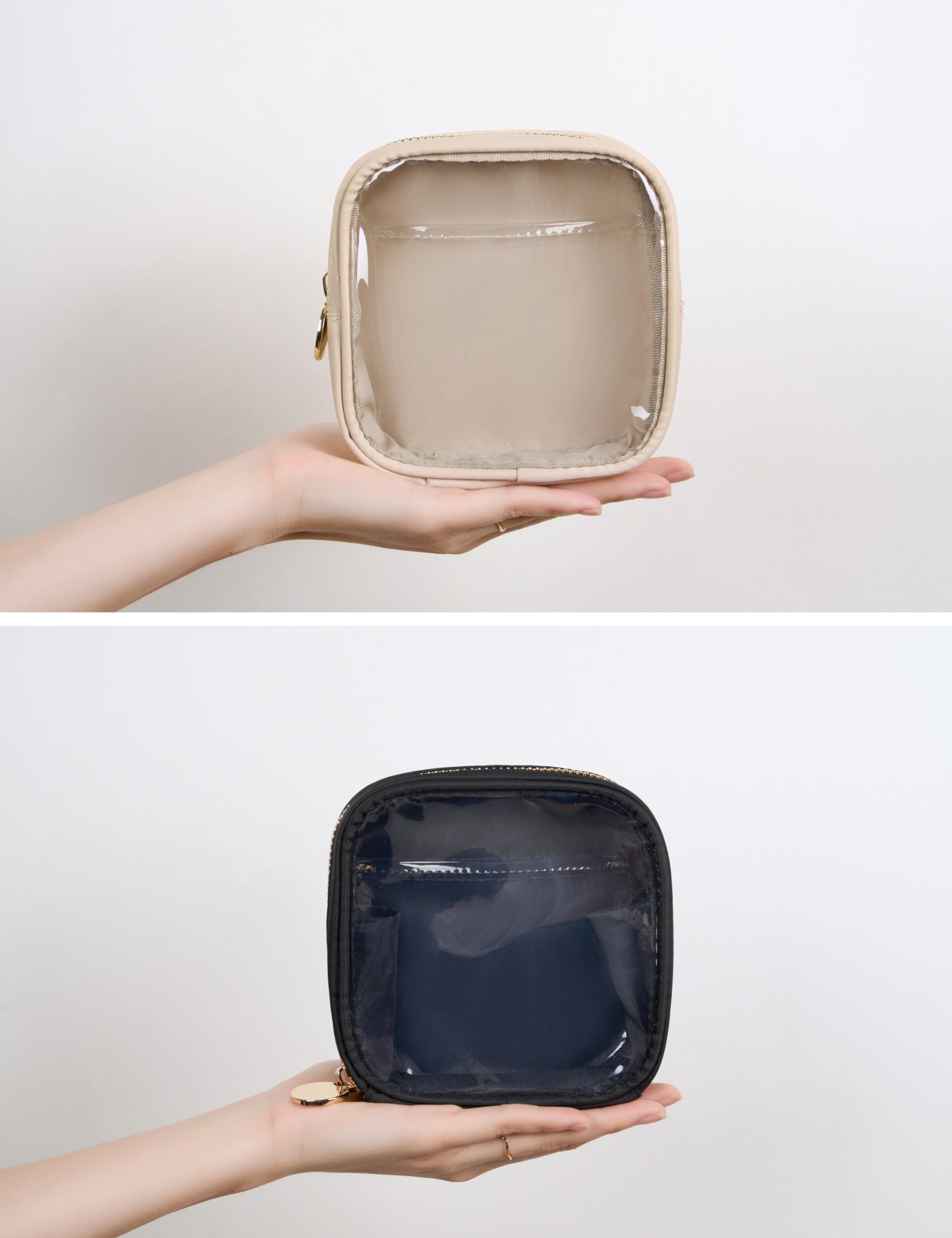Clear Cosmetic Bag Mini Makeup Pouch - Transparent Travel Toiletry Organizer with Interior Pocket & Carabiner Clip - Small Pink Waterproof Makeup Case for Women (Mini, Sand) | Perfect for Air Travel, Gym Essentials & Daily Beauty Storage