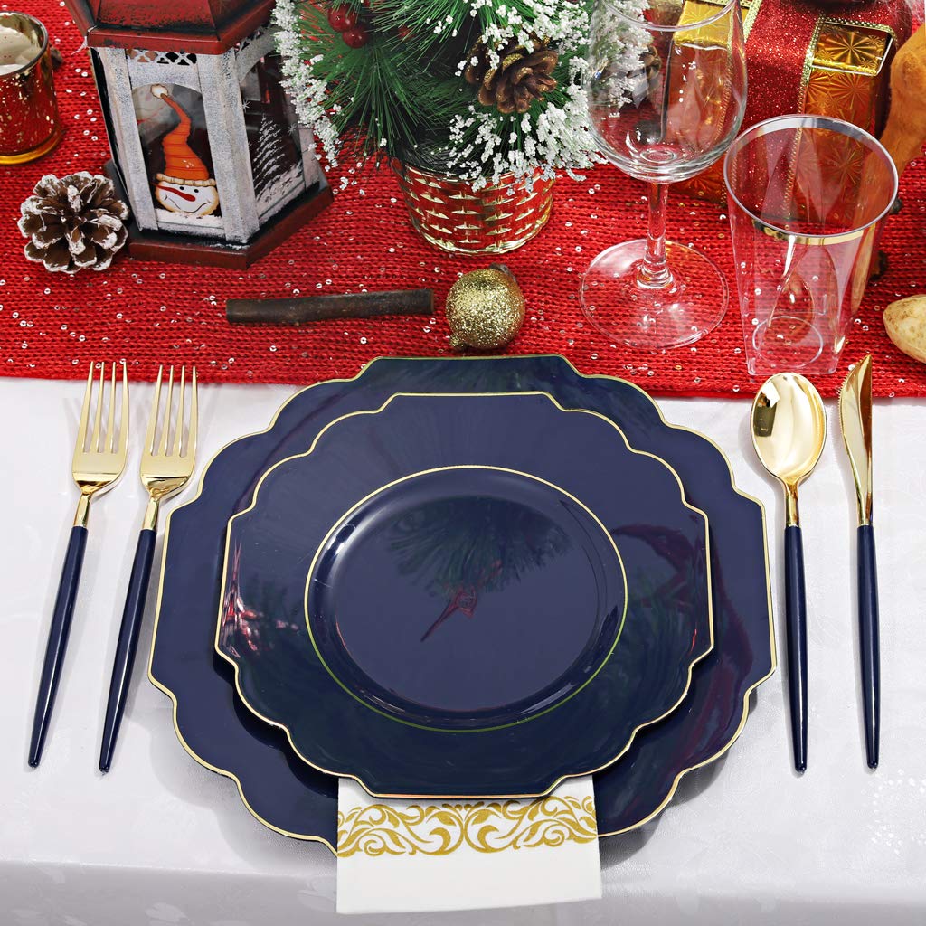 140-Piece Blue Plastic Dinnerware Set with Gold Silverware - Includes 40 Plates, 20 Forks, 20 Knives, 20 Spoons, 20 Cups & 20 Napkins - Elegant Blue & Gold Party Tableware for Weddings, Birthdays & Special Events