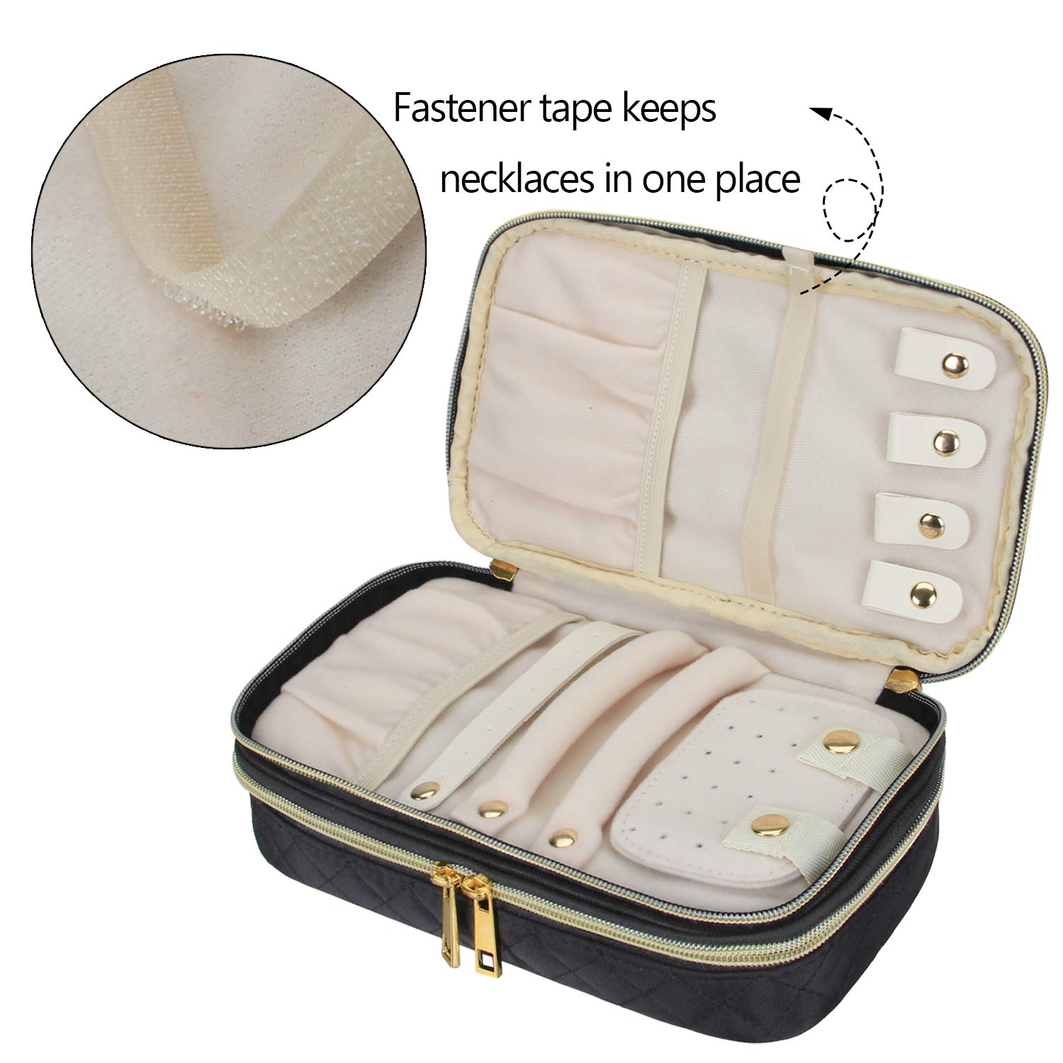 Teamoy Double Layer Jewelry Organizer - Quilted Travel Jewelry Case for Rings, Necklaces, Earrings & Bracelets | Compact Jewelry Storage Bag | Perfect for Travel, Home Organization & Gift Giving (Black)