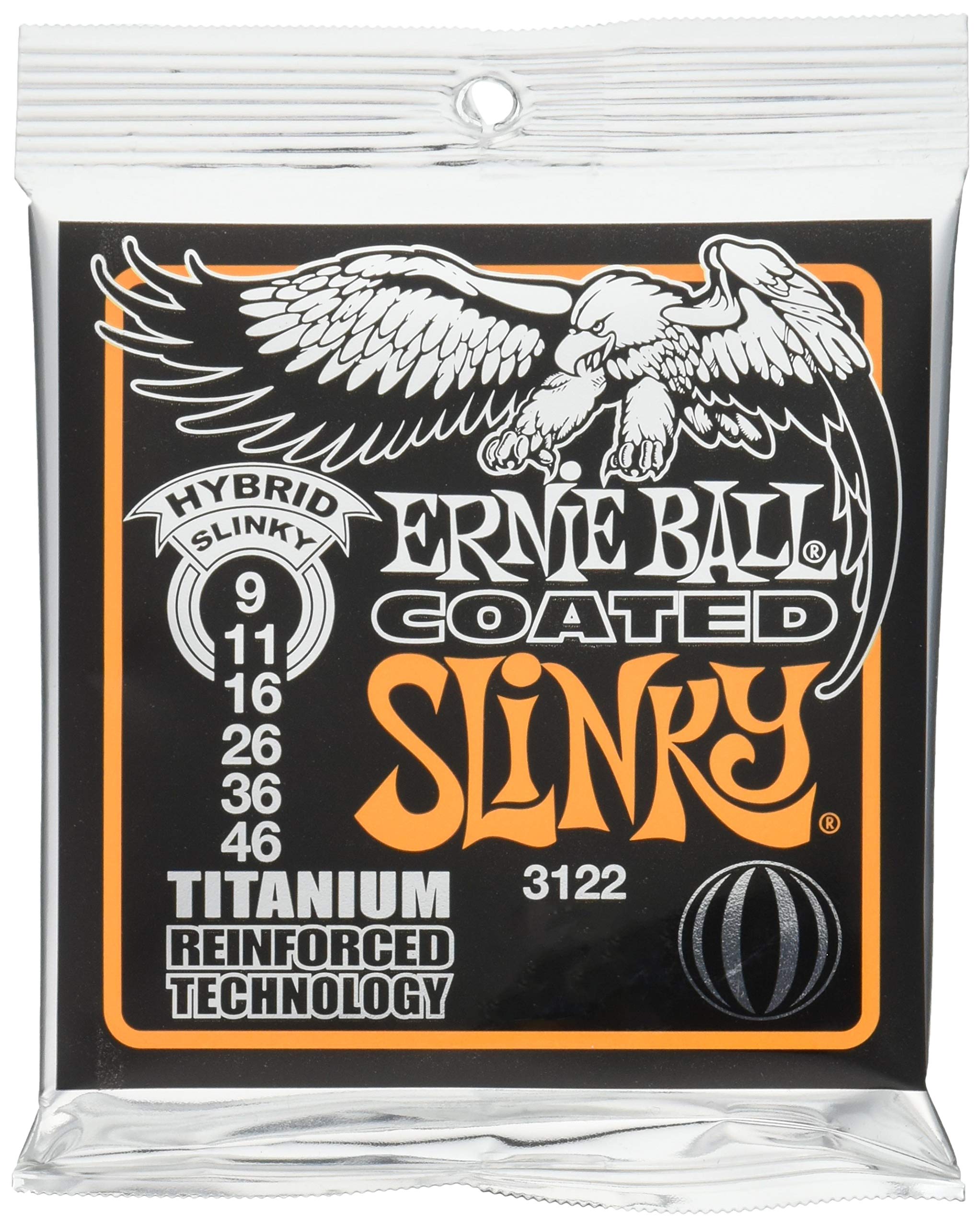 Ernie Ball Hybrid Slinky Coated Titanium Electric Guitar Strings 9-46 Gauge (P03122) - Premium Coated Strings for Extended Play & Bright Tone - Perfect for Rock, Blues & Studio Recording