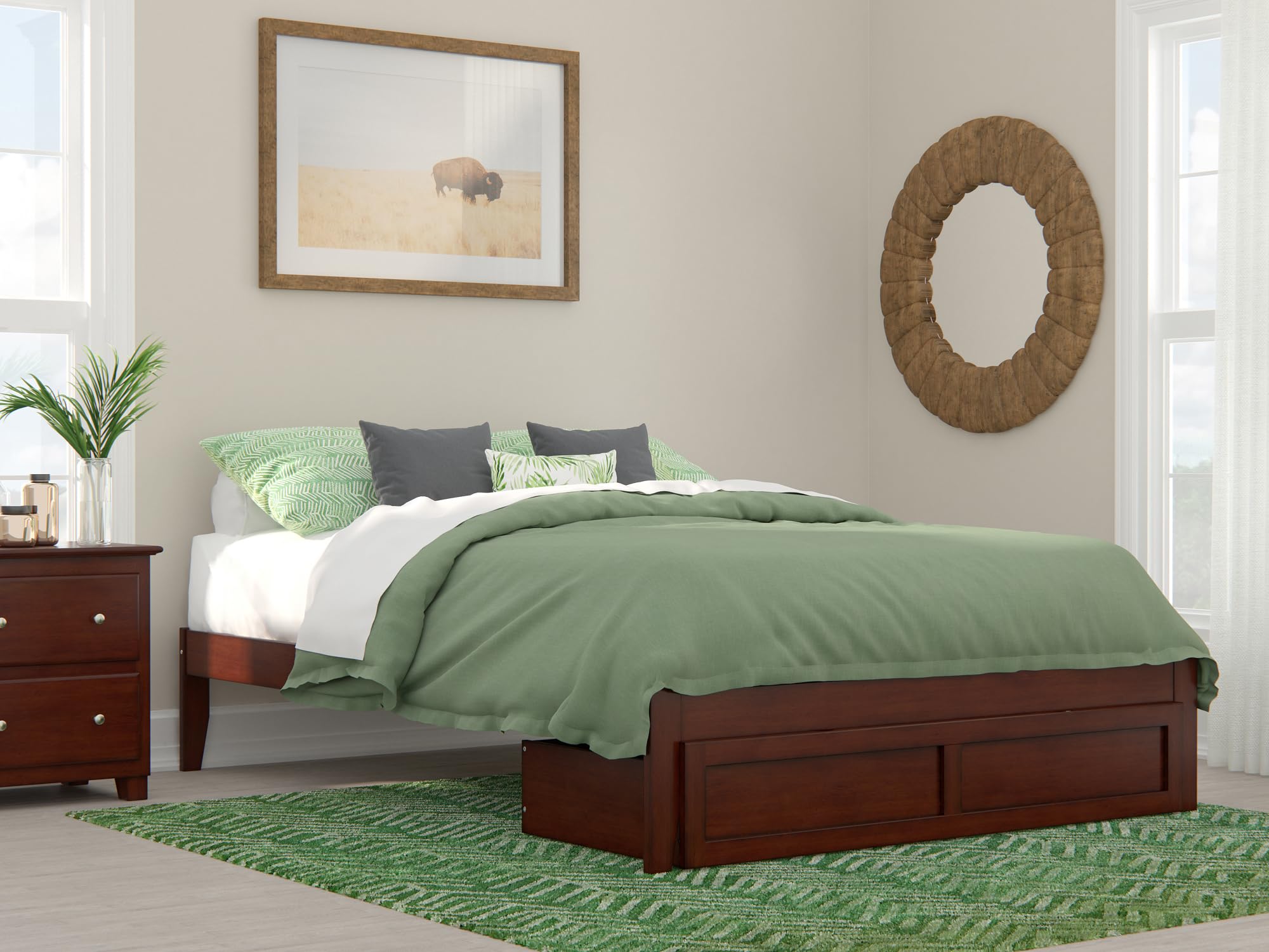 AFI Colorado Queen Platform Bed with Storage Drawers & USB Chargers - Modern Walnut Wood Bed Frame for Small Spaces, Bedroom Storage Solution with Convenient Charging Stations