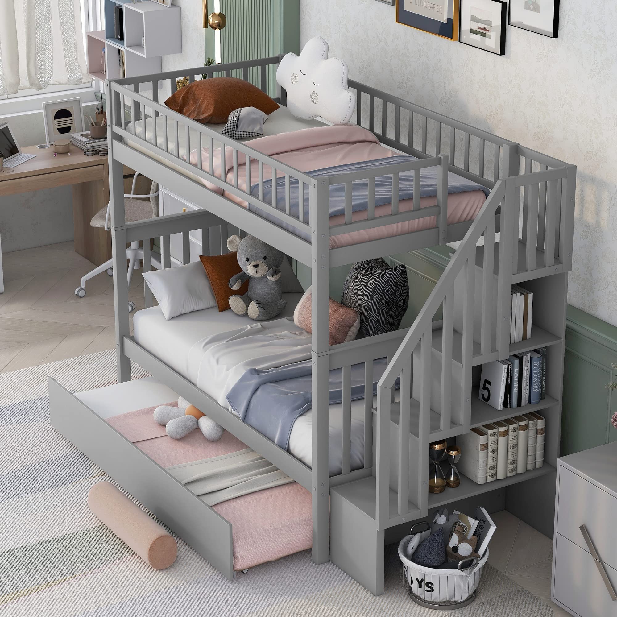 Harper & Bright Designs Twin Over Twin Solid Wood Bunk Bed with Trundle & Stairs - Space-Saving Kids, Teens & Adult Bedroom Furniture (Grey) - Perfect for Small Rooms, Guest Rooms & Shared Kids' Bedrooms