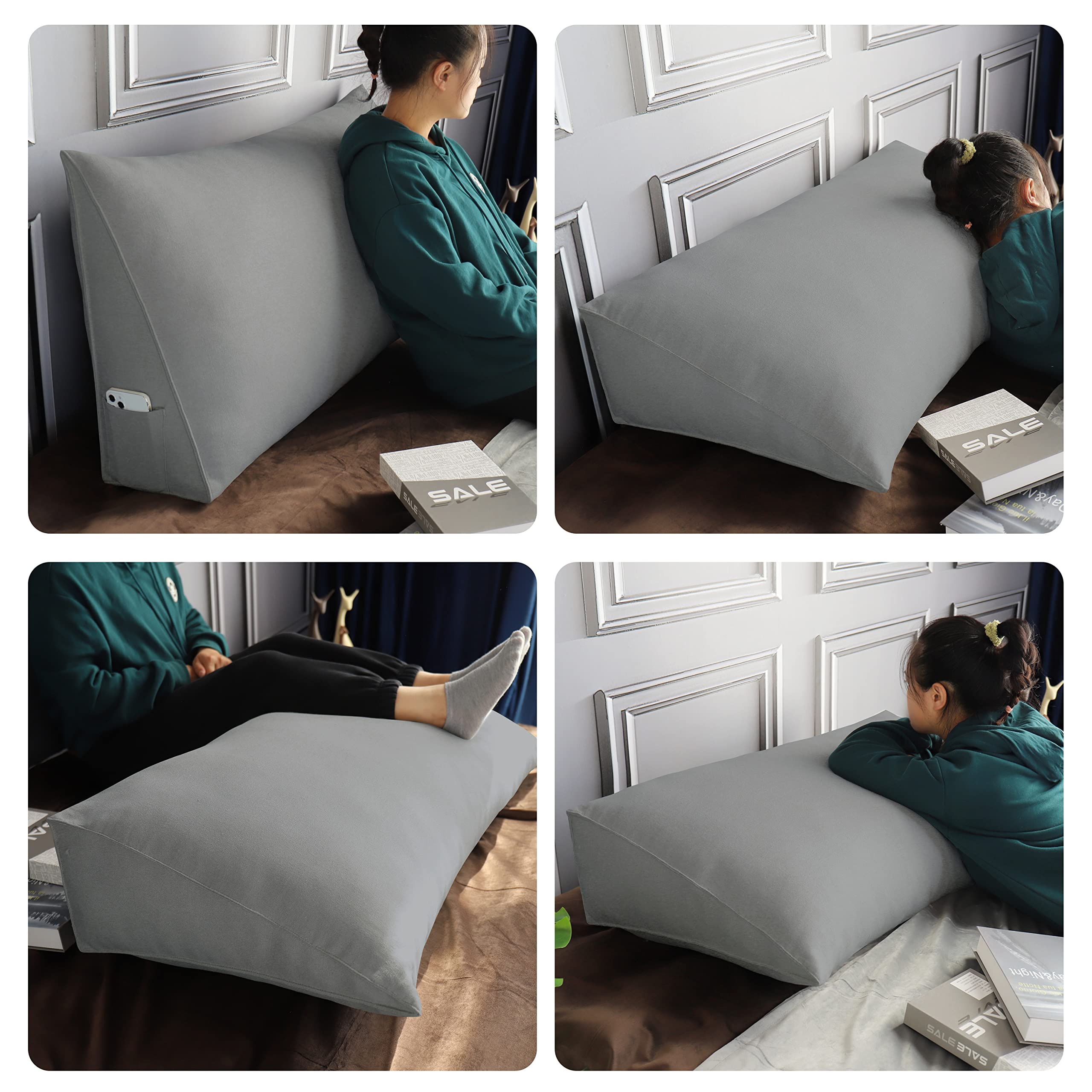 Johnear Triangular Headboard Pillow - Large Cotton Linen Wedge Pillow for Daybed & Sofa Support - Reading Backrest & Lumbar Cushion - Perfect for Bedroom, Living Room & Office (Gray, Twin Size)