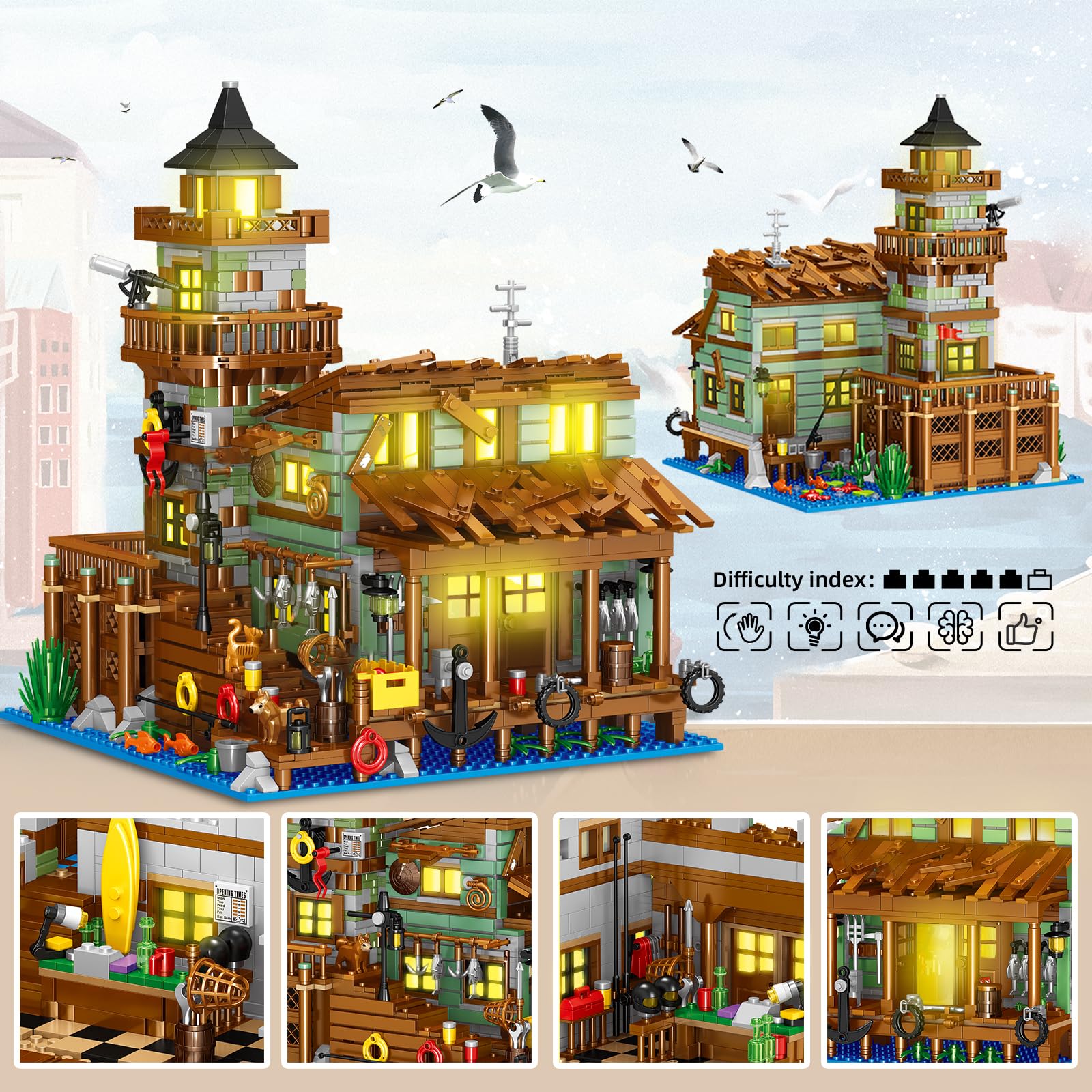 1881-Piece Wooden Cabin Mini Building Block Set with LED Lights - STEM Architecture Toy Kit for Adults & Kids Ages 8-12+ | Fishing Village Store House Model | Perfect Birthday Gift & Home Decoration (Not Compatible with Other Sets)