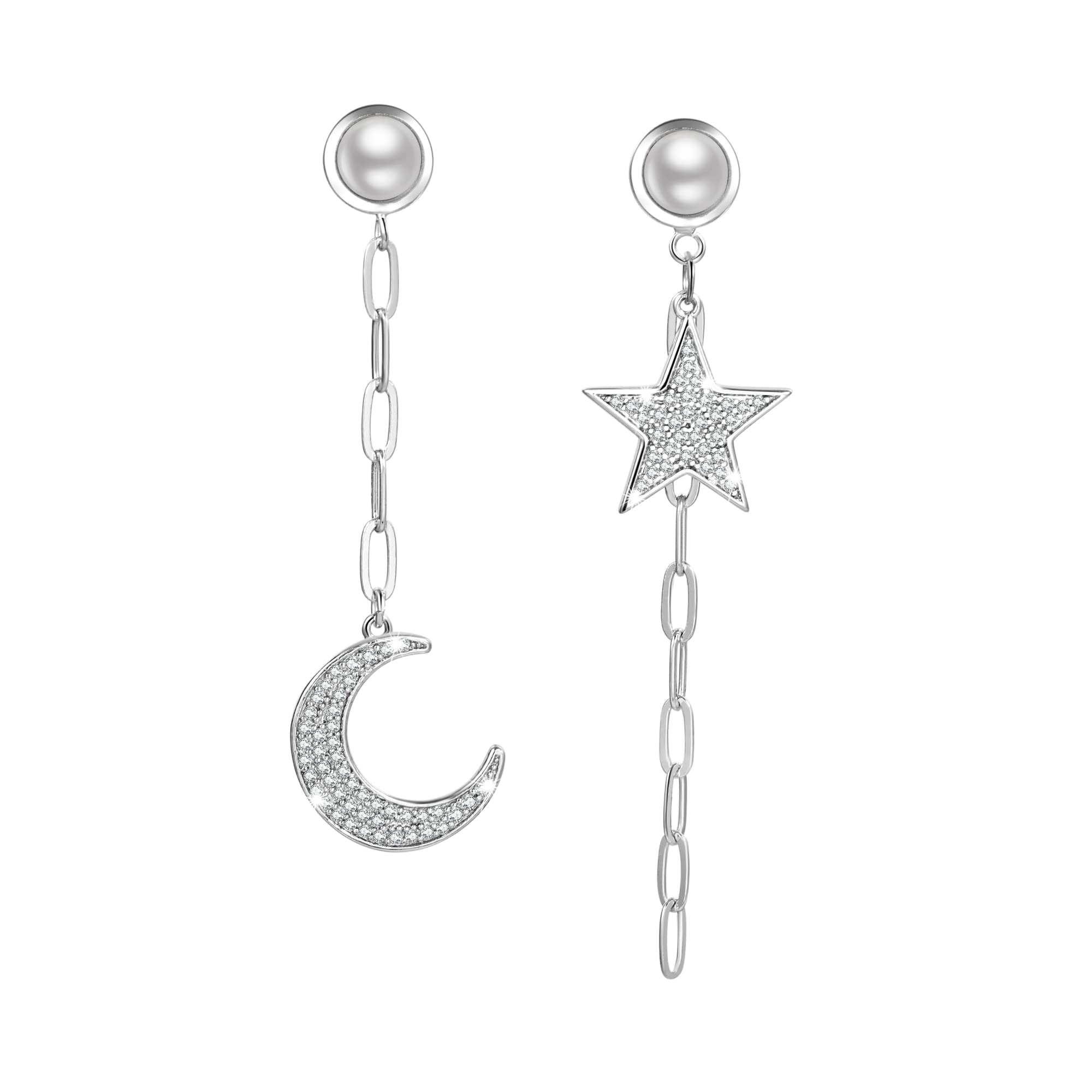 JoshMarco Sterling Silver Star & Moon Drop Earrings for Women - Hypoallergenic Paperclip Link Chain Dangle Earrings with Cubic Zirconia - Elegant Long Dainty Jewelry Gift for Teen Girls & Women - Perfect for Date Night, Parties & Everyday Wear