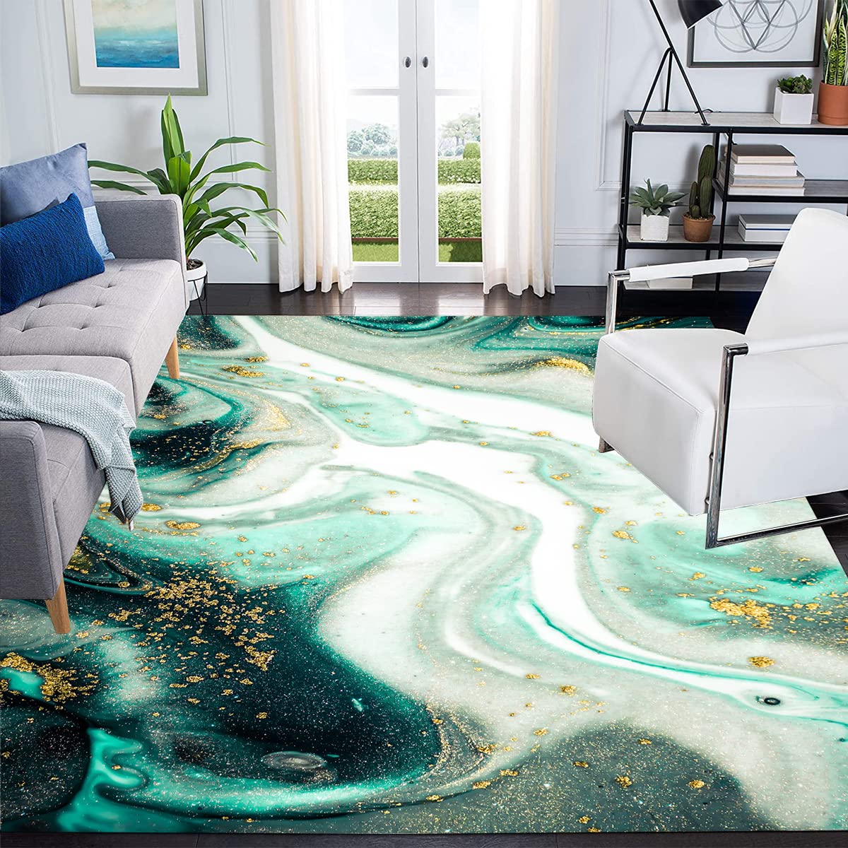 Green White Liquid Abstract Area Rugs 5x8 - Modern Aesthetic Washable Soft Carpet for Living Room, Bedroom, Dining Room | Coastal Ocean Waves Design Home Office Floor Rug Runner - Perfect for Boho Decor, Beach House Style & Contemporary Spaces