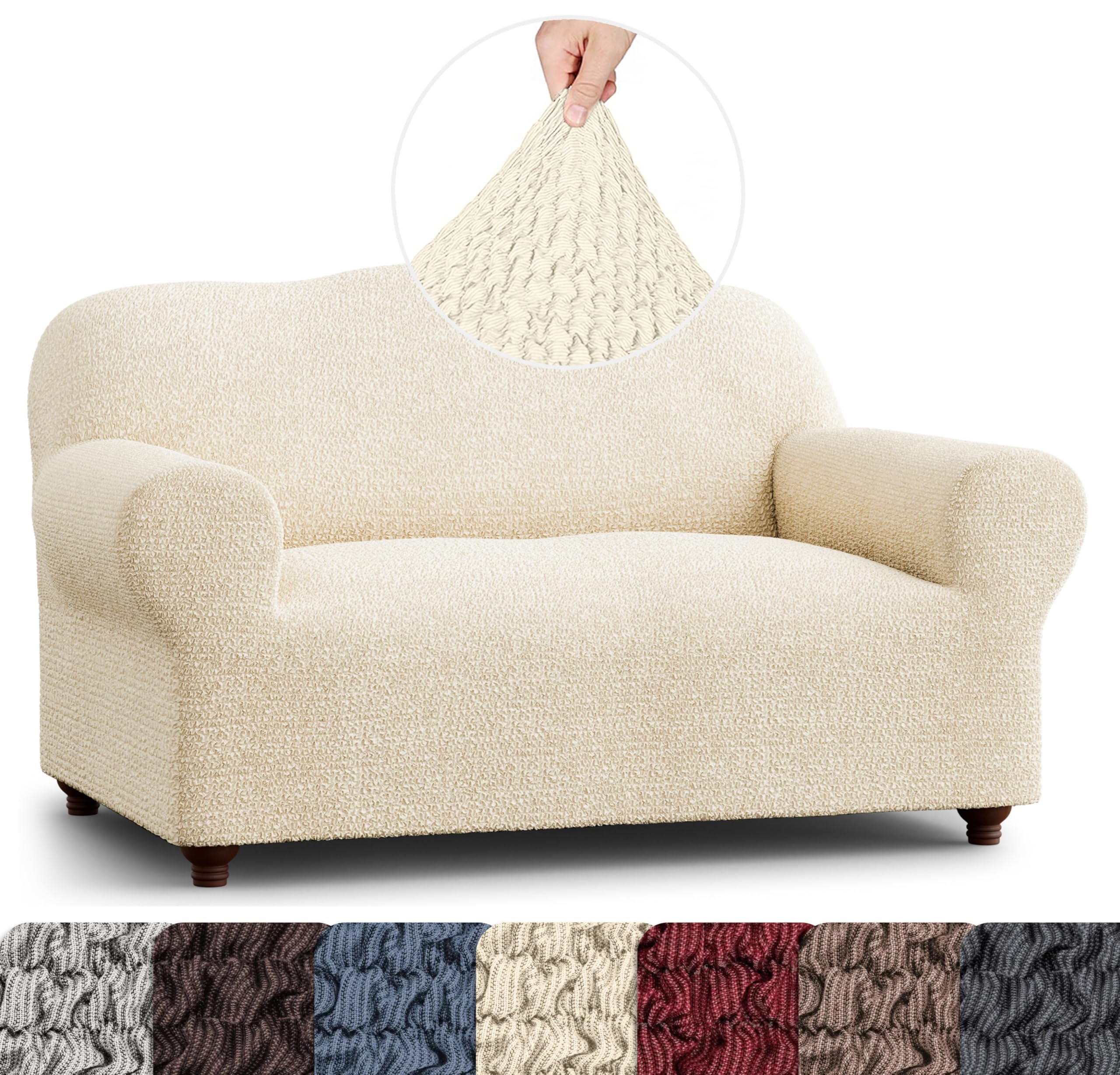 Stretch Loveseat Slipcover - Soft Polyester Sofa Cover for 2-Seater Couches - Washable 1-Piece Form Fit Protector - Mille Righe Collection (Cream) | Perfect for Living Rooms, Apartments & Home Decor Protection