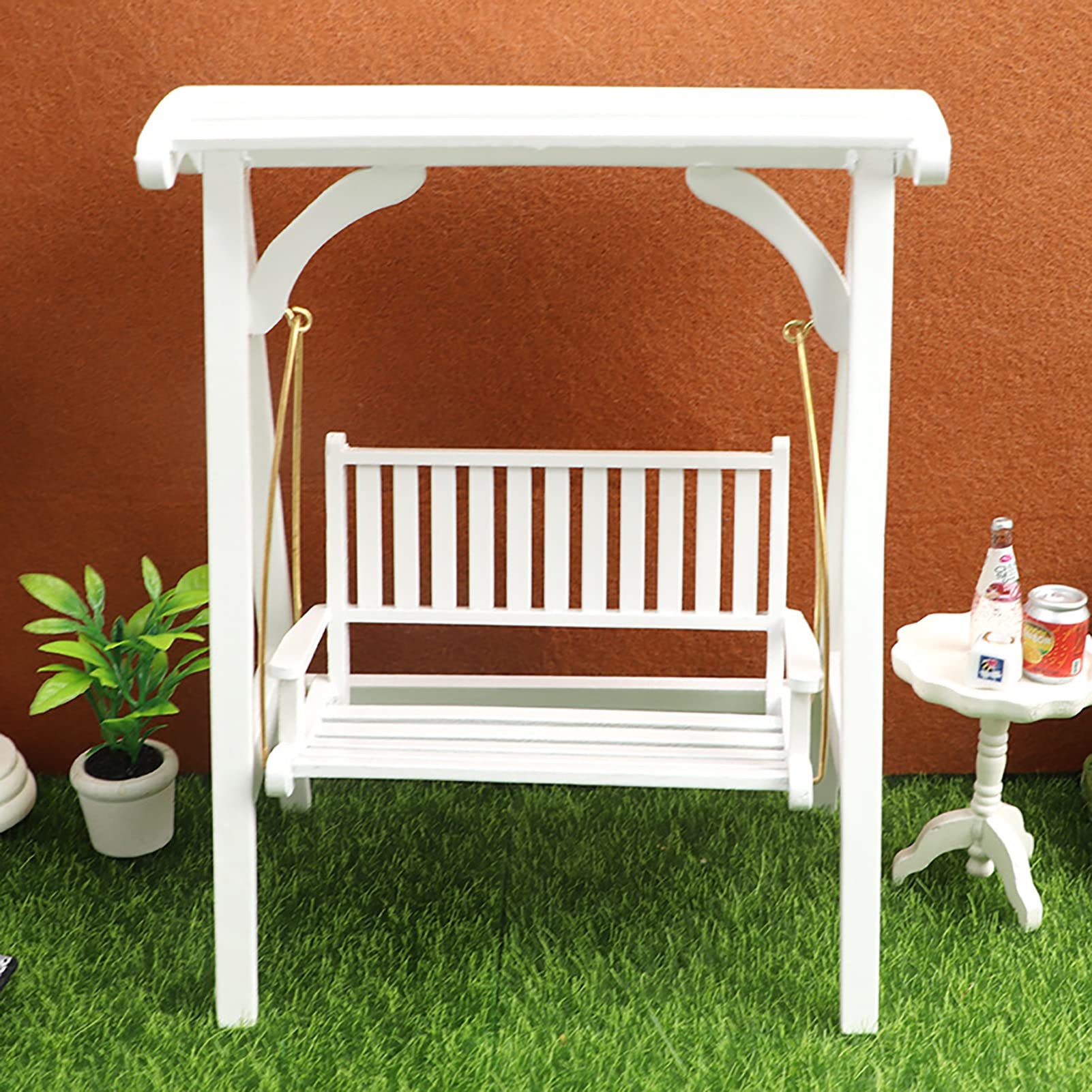1:12 Scale Miniature Dollhouse Swing Chair - Wooden Dollhouse Furniture, Hammock & Park Decor for 1/12 Doll House - Perfect for Dollhouse Displays, Miniature Gardens & Fairy Garden Scenes (White)