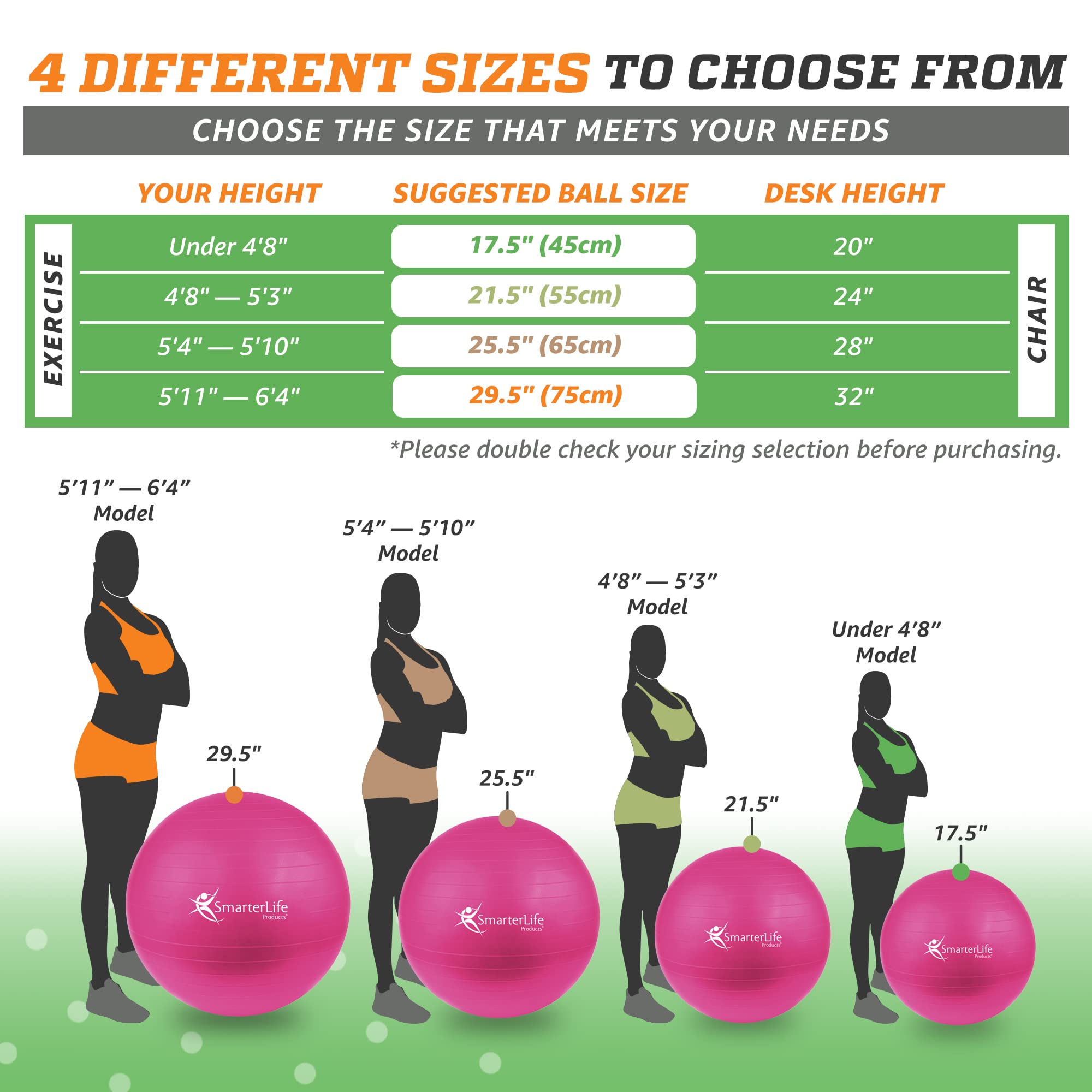 SmarterLife Anti-Burst Exercise Ball - Premium Yoga Ball for Fitness, Core Workout, Balance Training & Physical Therapy - Non-Slip Stability Ball for Pregnancy, Office Chair & Home Gym Workouts